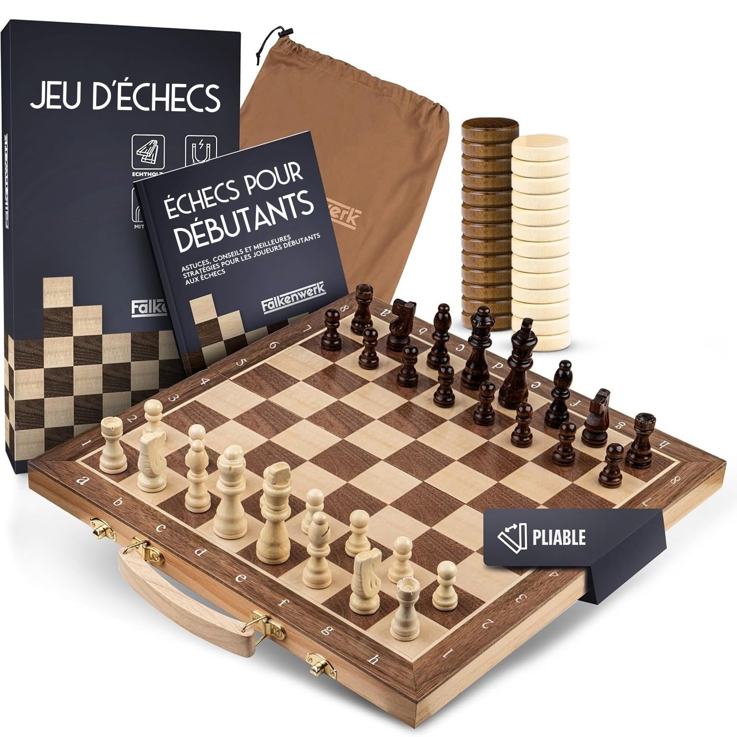 FALKENWERK Jeu d'Échecs Magnétique en Bois [38 x 38 cm] - Échiquier Fabriqué à la Main en Bois Véritable - Planche de Qualité Supérieure Avec Instructions et Conseils