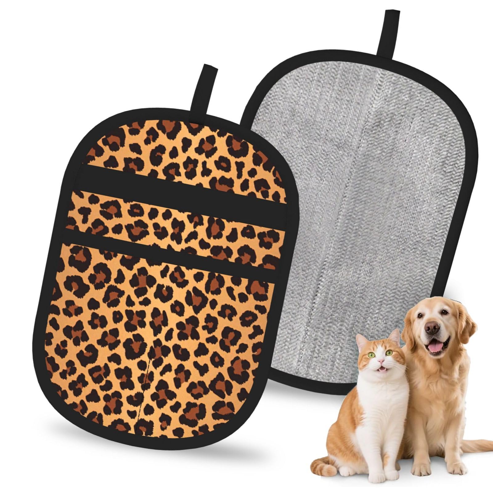 Leopard Pattern Print Pet Hair Remover Gloves Grooming Cleaning Accessory Reusable Deshedding Tool