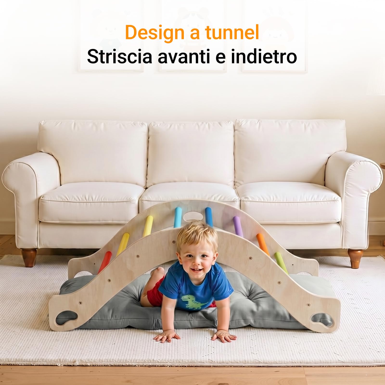 COSYLAND Arco Montessoriano per Bambini in Legno Naturale, Arco Montessori con Cuscino e 8 Maniglie, 4 in 1 Wippe, Scrivania, Giocattolo Educativo per Equilibrio e Motricità (Arcobaleno Classico)