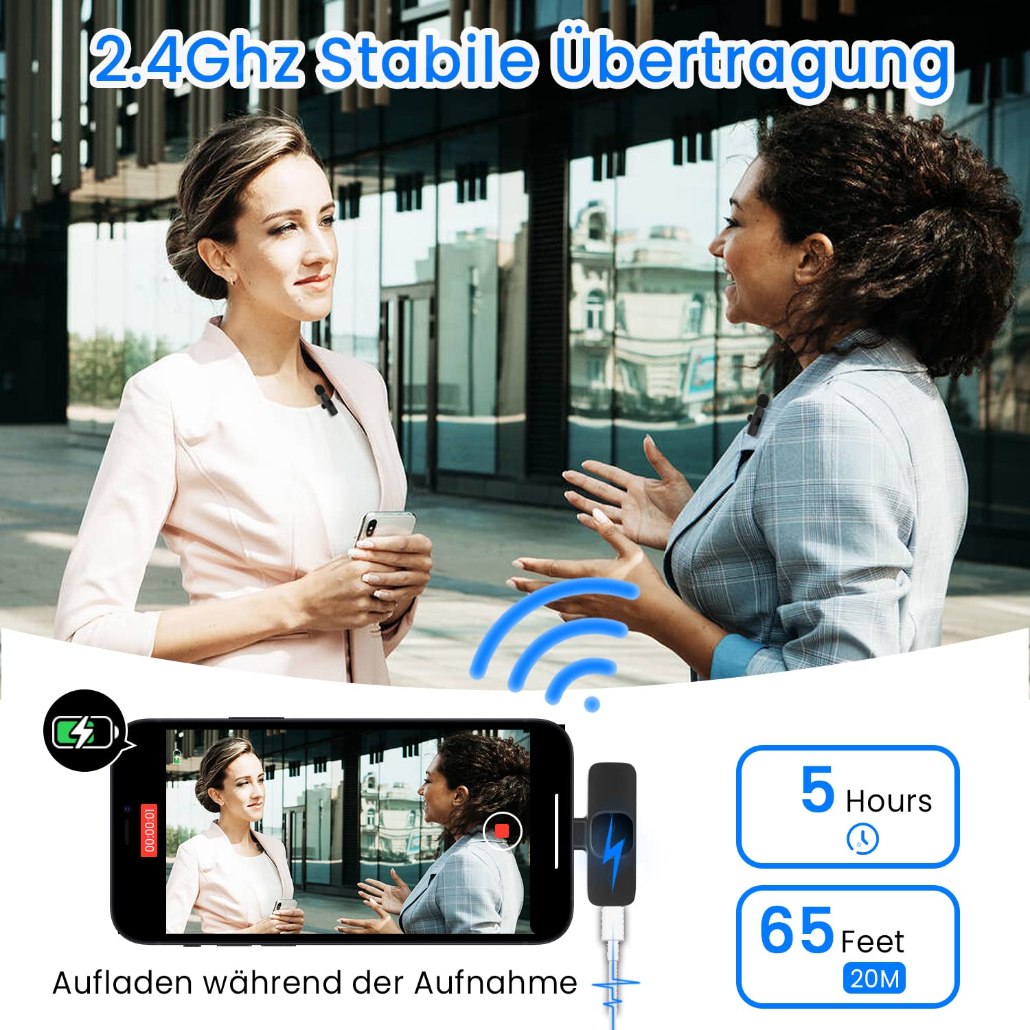 Mikrofon Handy fur iPhone – 2.4GHz Wireless Lavalier Microphone ansteckmikrofon kabellos mit Clip fur Videoaufzeichnung YouTube Facebook Live Stream Tiktok