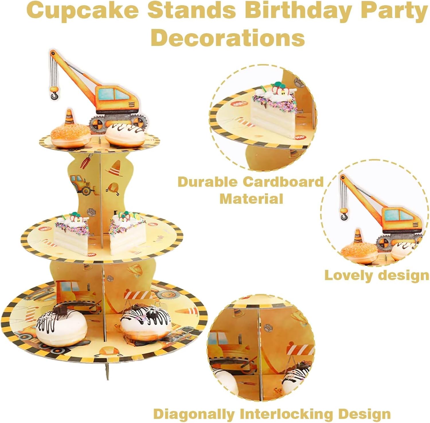 3 Tier Construction Cupcake Stand,Cupcake Stand Cardboard – Easy to Assemble& Reusable(3Vehicle) image 3
