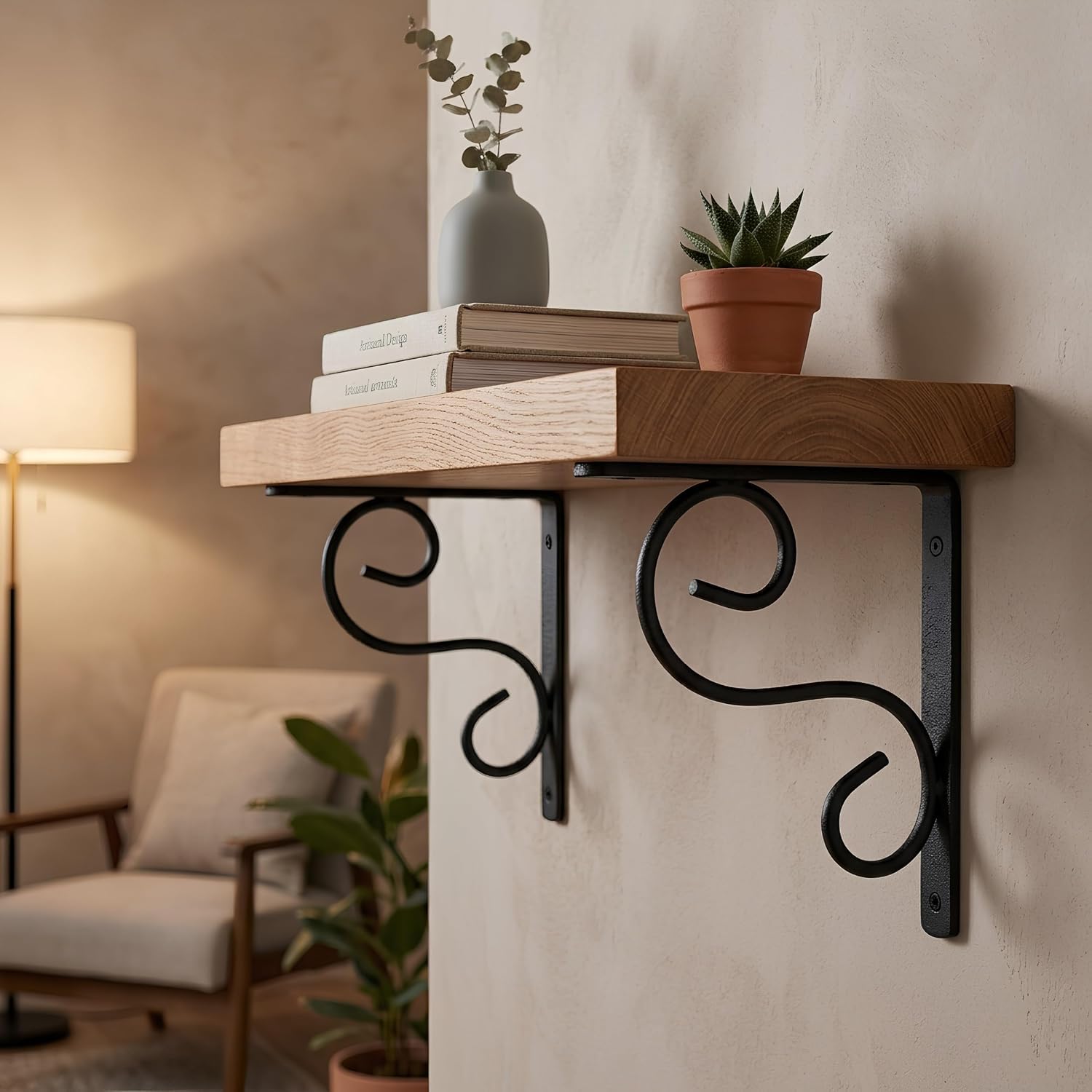 Decorative Wall Shelf Brackets Set of 2, Heavy Duty Black Metal Floating Shelf Support, Scroll Iron Wall Mount Brackets for Wooden Shelves, Living Room, Kitchen, Bedroom & Garden Decor-image-14