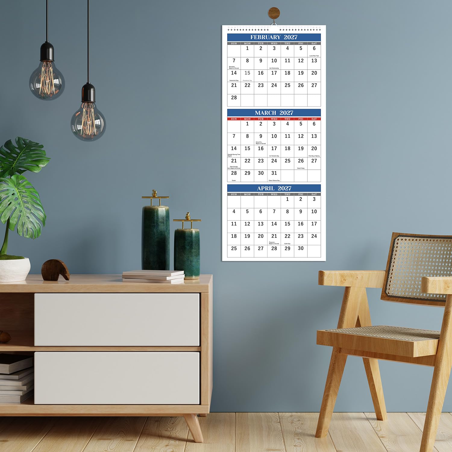 Wandkalender 2025 - 3-Monats-Wandkalender Vertikal 2025 (gefaltet in einem Monat), Dez.2024 - Jan.2026, 27.9 cmx 66.0 cm, Wandkalender 2025, 3-Monats-Anzeigekalender mit dickem Papier, perforierte