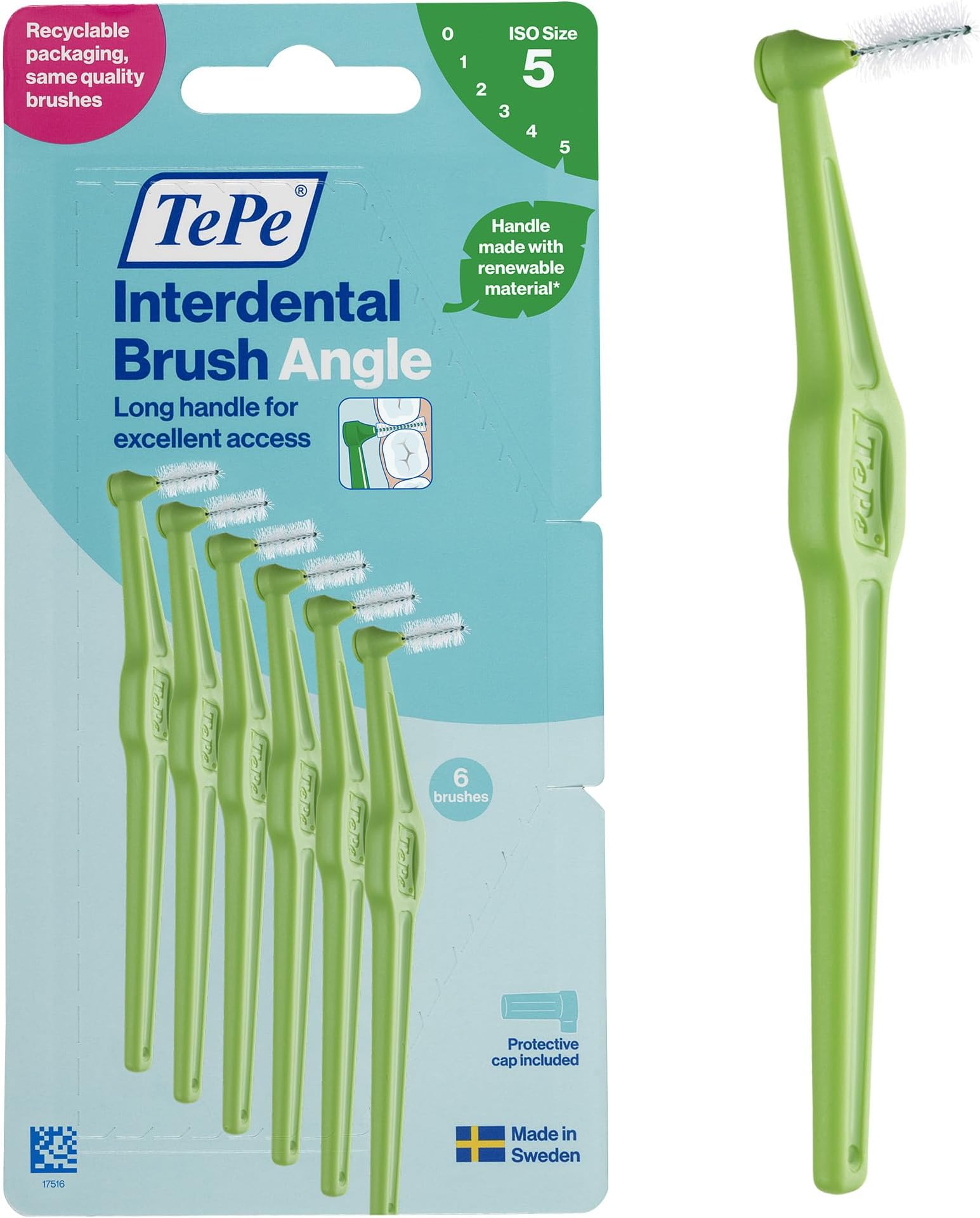 – TePe Interdental Brush Angle, Green, 0.8mm/ISO 5, 6pcs, Plaque Remover, Easy and efficient Cleaning Between Teeth, Tooth Floss for Small Gaps, Carton Pack