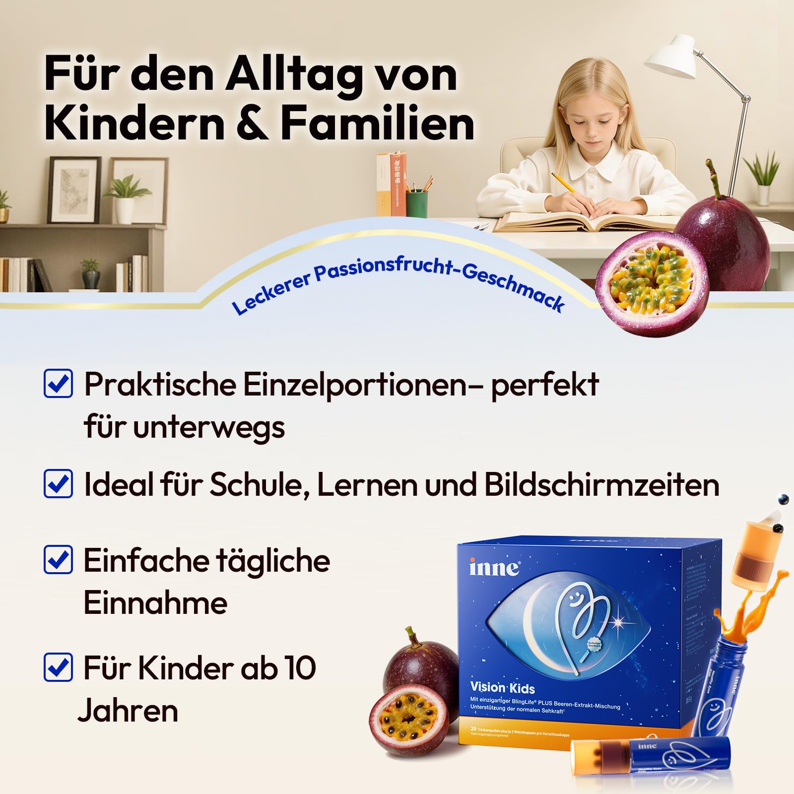 inne® Vision Kids Augenvitamine | mit 10 mg Lutein, 2mg Zeaxanthin, Vitamin A, Beeren- Augentrost-Extrakt | 20 Trinkampullen | Vegan | Nahrungsergänzungsmittel für Kinder ab 10 Jahren & Erwachsene