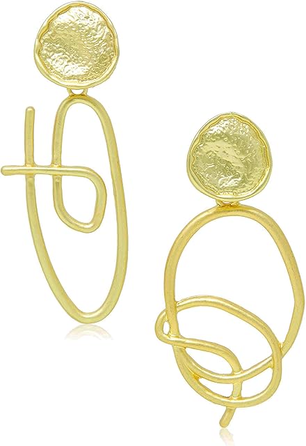 Amazon Brand-Amazon Collection 14k Gold Plated Matt Vintage Metal Geometric Shape Asymmetric Abstract Textured Statement Earrings with Stud for Valentines Mothers-Day, Birthday, Day,Women Girl Gift