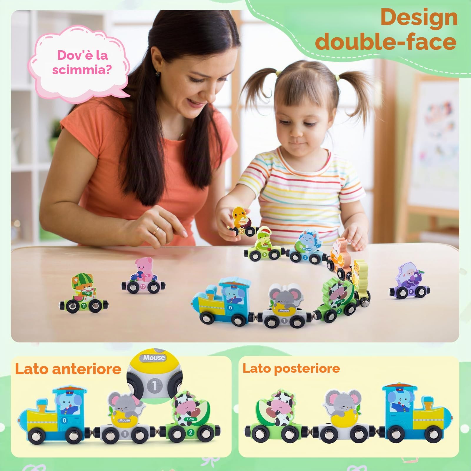 Giocattoli Montessori a partire da 1, 2, 3 anni, Set di 13 Animali in Legno a Forma di Treno, Treno di Animali Magnetico in Legno con Tappetino da Gioco, Giocattolo Educativo per Motorizzazione per