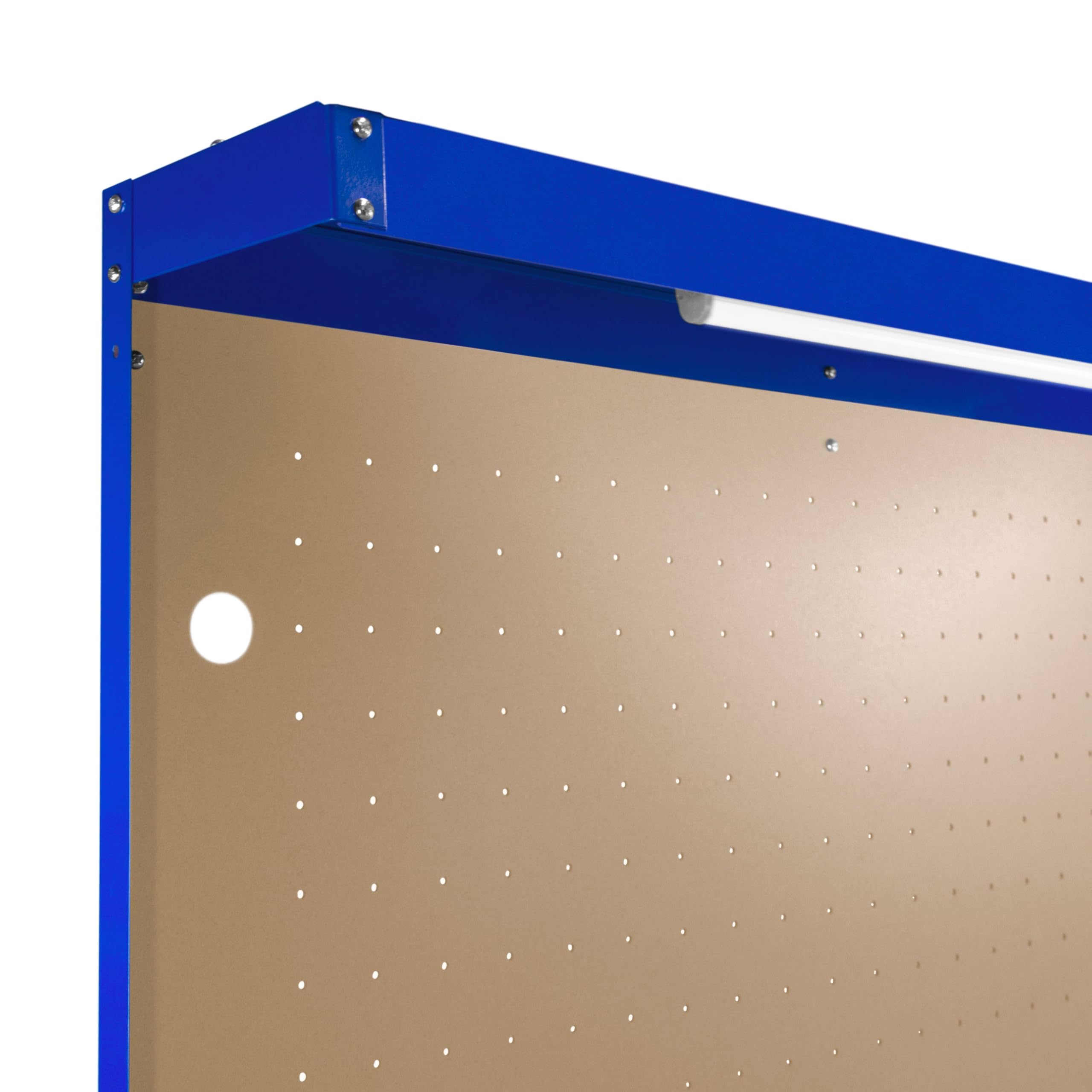 Banco de Trabajo Azul con Tablero de Clavijas,Cajón+Luz LED, Mesa de Trabajo Estantes Taller Garaje Bricolaje Almacenamiento Herramientas Capacidad Peso 370kg | 40 Ganchos+Mazo de Goma | 60x155x120cm