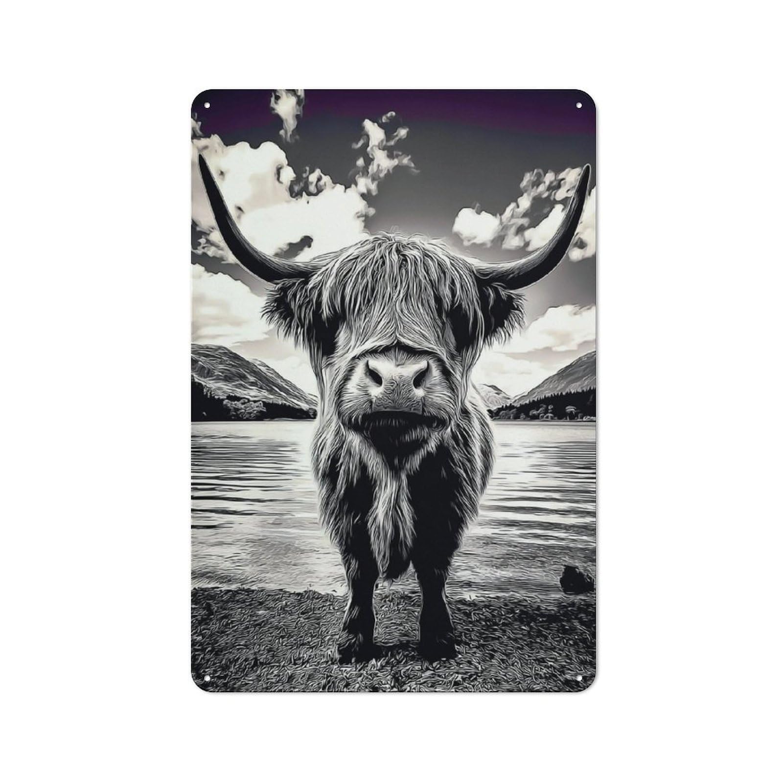 Junmoney Scottish Highland Cow Portrait Nostalgic Metal Wall Sign 30X20cm, Classic Pub Decor For Bar, Kitchen, Garage Or Games Room