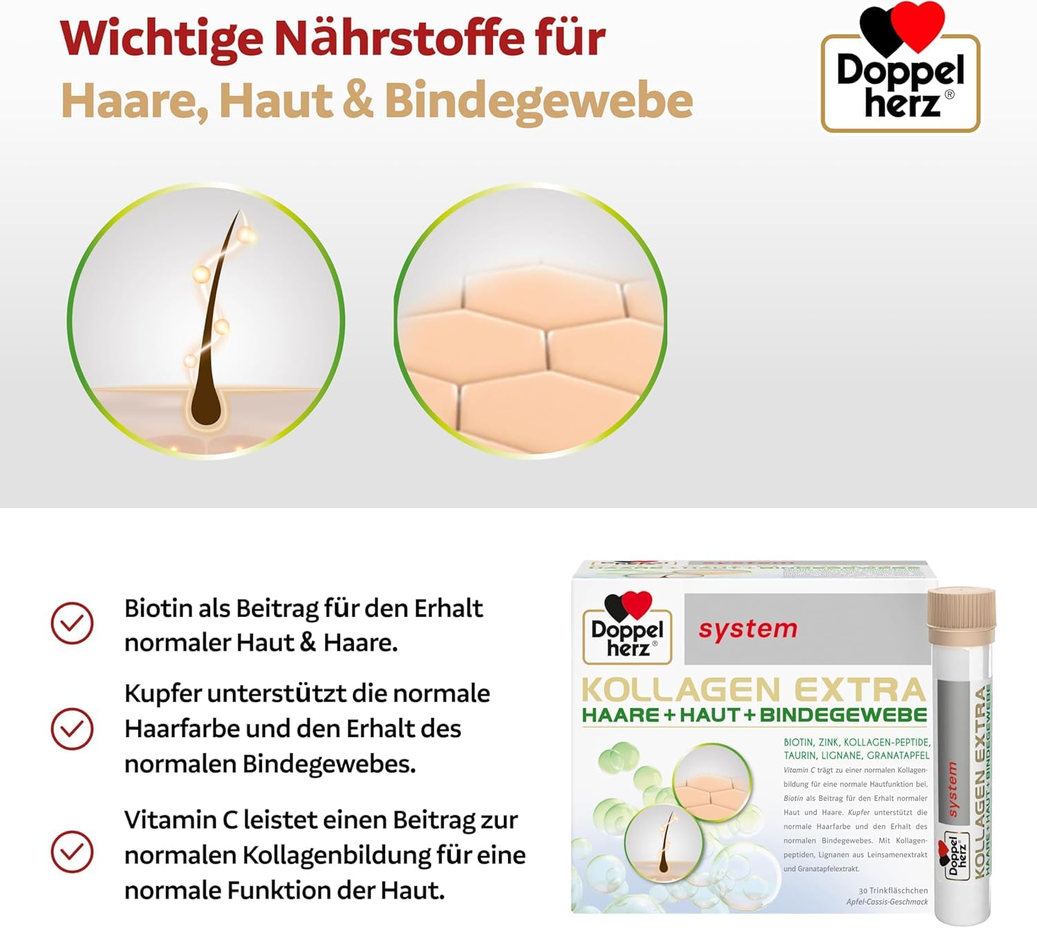 Doppelherz system KOLLAGEN EXTRA - Mit Vitamin C, Biotin + Zink | Biotin als Beitrag für den Erhalt normaler Haut & Haare - 30 Trinkfläschchen