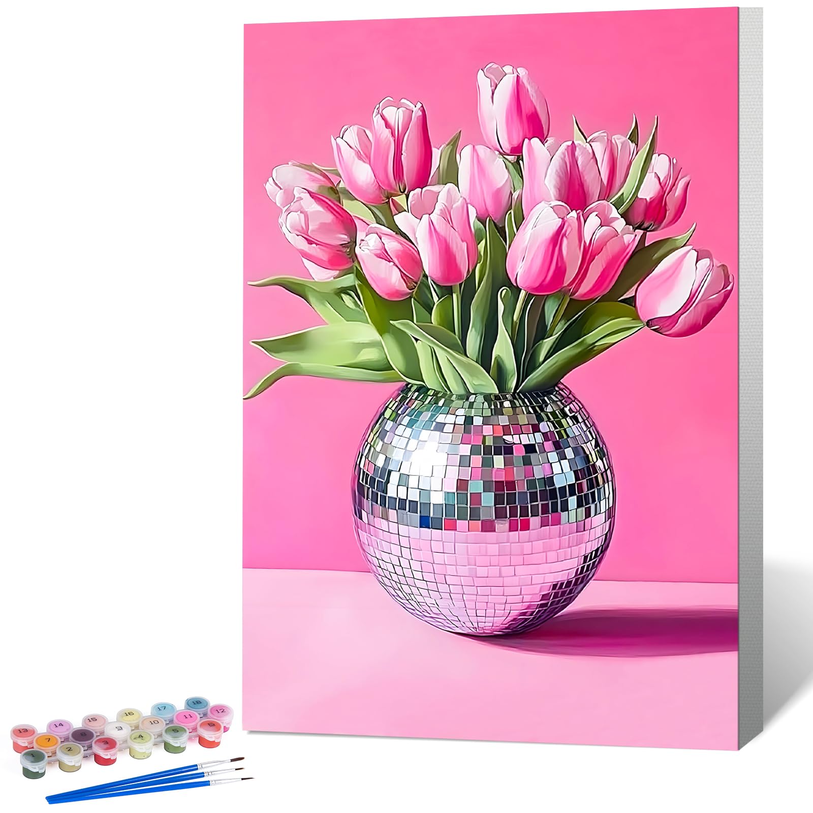 OkarinaArt Malen nach Zahlen für Erwachsene mit Rahmen – Discokugel & Blumen, Framed Paint by Numbers Set auf Leinwand für DIY Wanddekoration, 20 x 30 cm