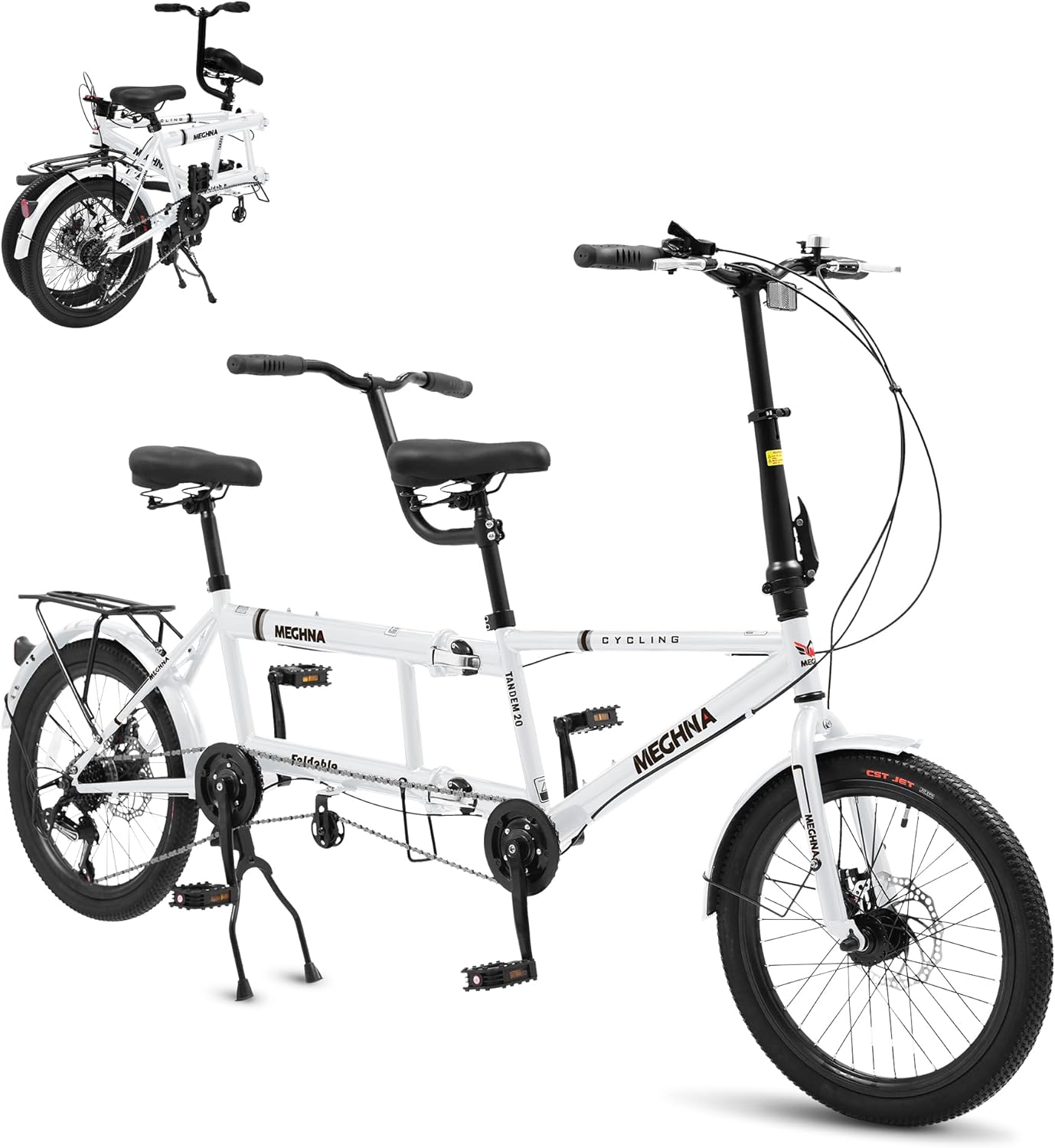 Foldable Tandem Bike, 20 Inch Family Tandem Bikes for Adults, Adjustable 7-Speed Tandem Bicycles Beach Cruiser Bike for Travel and Couple Riding, High Carbon Steel Frame