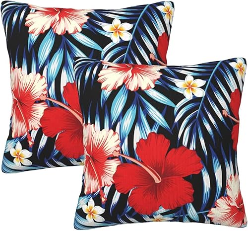 Coshatsu Tropical Vintage Pillow Covers, Tropical Red Hibiscus Floral Palm Leave