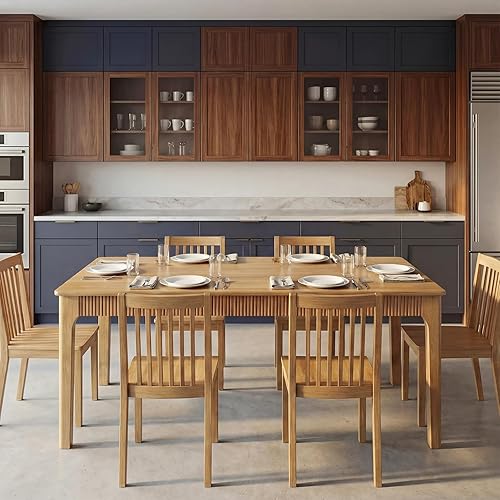 Miniatura 2 de Mesa de comedor de madera maciza de 47 pulgadas, moderna mesa rectangular de madera real, diseño acanalado de mediados de siglo para el hogar,