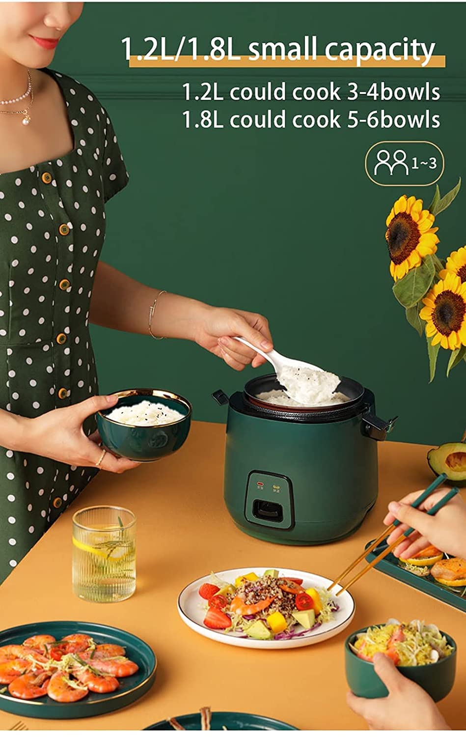 Mini cuociriso Elettrico con Manico Portatile Cuociriso Verde retrò Completamente Automatico con pentola per Riso Antiaderente Rimovibile, 1,2 Litri
