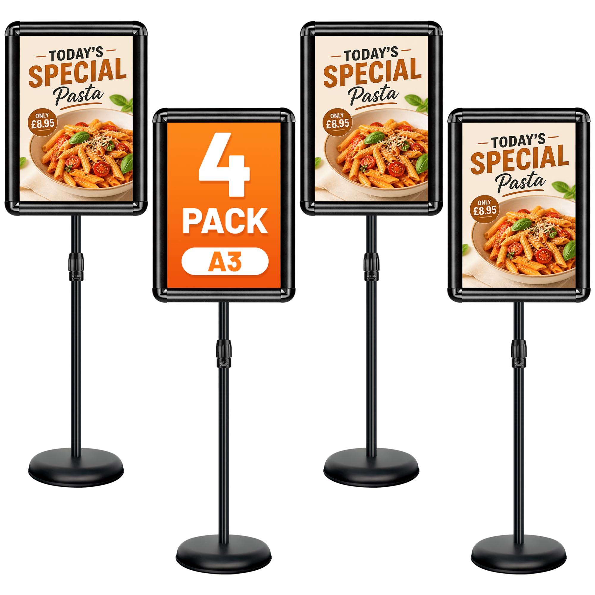 A4 Stand 2Pcs Sign Stand for Display Poster, Adjustable Floor Sign Holder, Aluminium Snap Frame with Safety Corner, Business Advertising, Wedding Welcome, Restaurant Menu, School Notice Display, Black