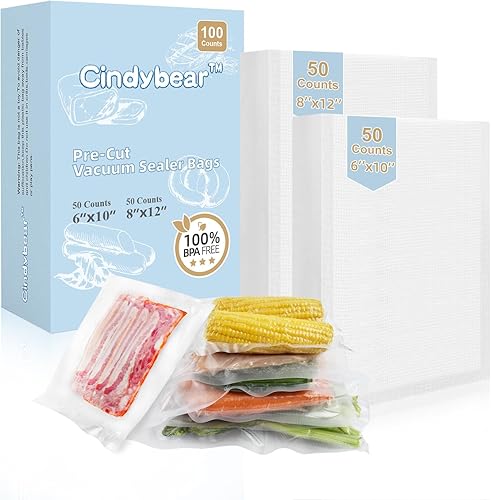 Cindybear 100 bolsas selladoras al vacío, cuartos de galón de 8 x 12 pulgadas y pinta de 6 x 10 pulgadas, bolsas de vacío de grado comercial