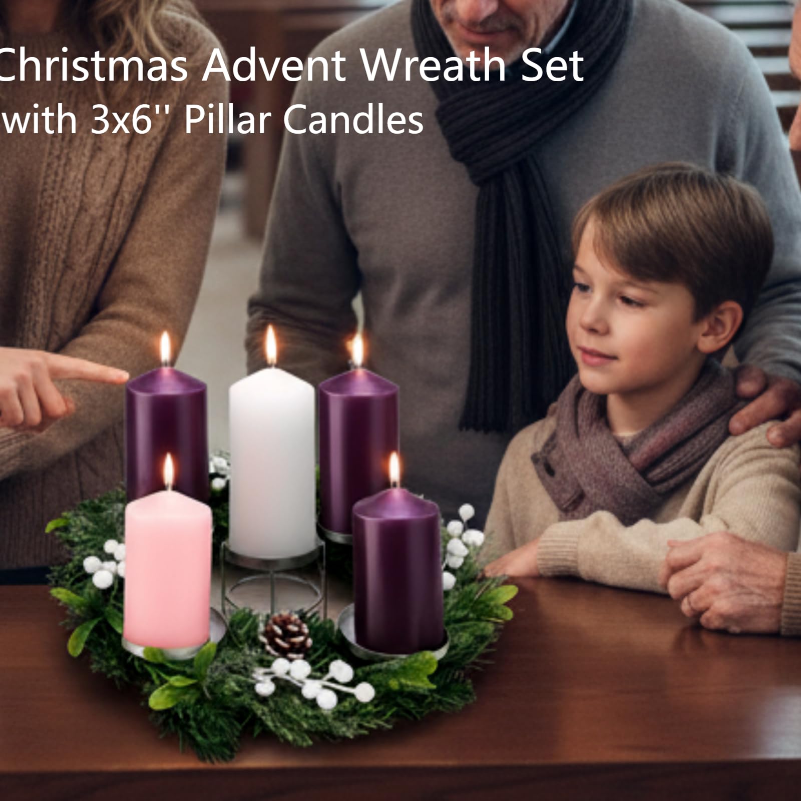 Knitgrip Juego de 7 coronas de Adviento de Navidad con velas de pilar de 3 x 6 pulgadas, candelabro rústico de corona de Adviento y velas de pilar, centro de mesa de Navidad sin perfume, decoración de