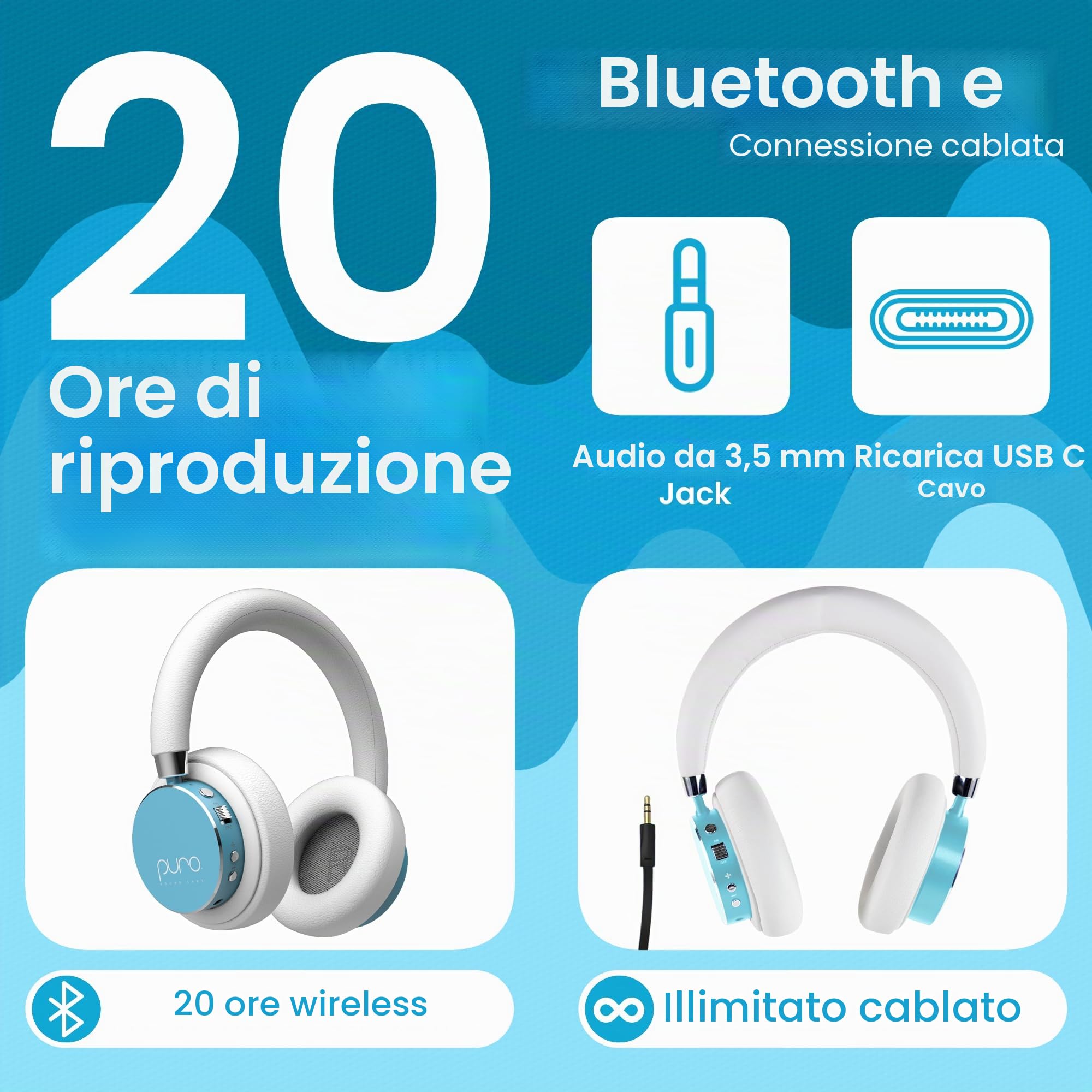 Puro Sound Labs BT2200-Plus Volume Limited Cuffie Bluetooth per bambini - Cuffie più sicure per bambini - Qualità audio di livello professionale e isolamento acustico (verde acqua)