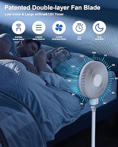 Miniatura 5 de EVYON Ventilador de pie de 12.8 pulgadas, ventilador silencioso de 15 db para dormitorio, ventilador plegable con control remoto, motor de CC de