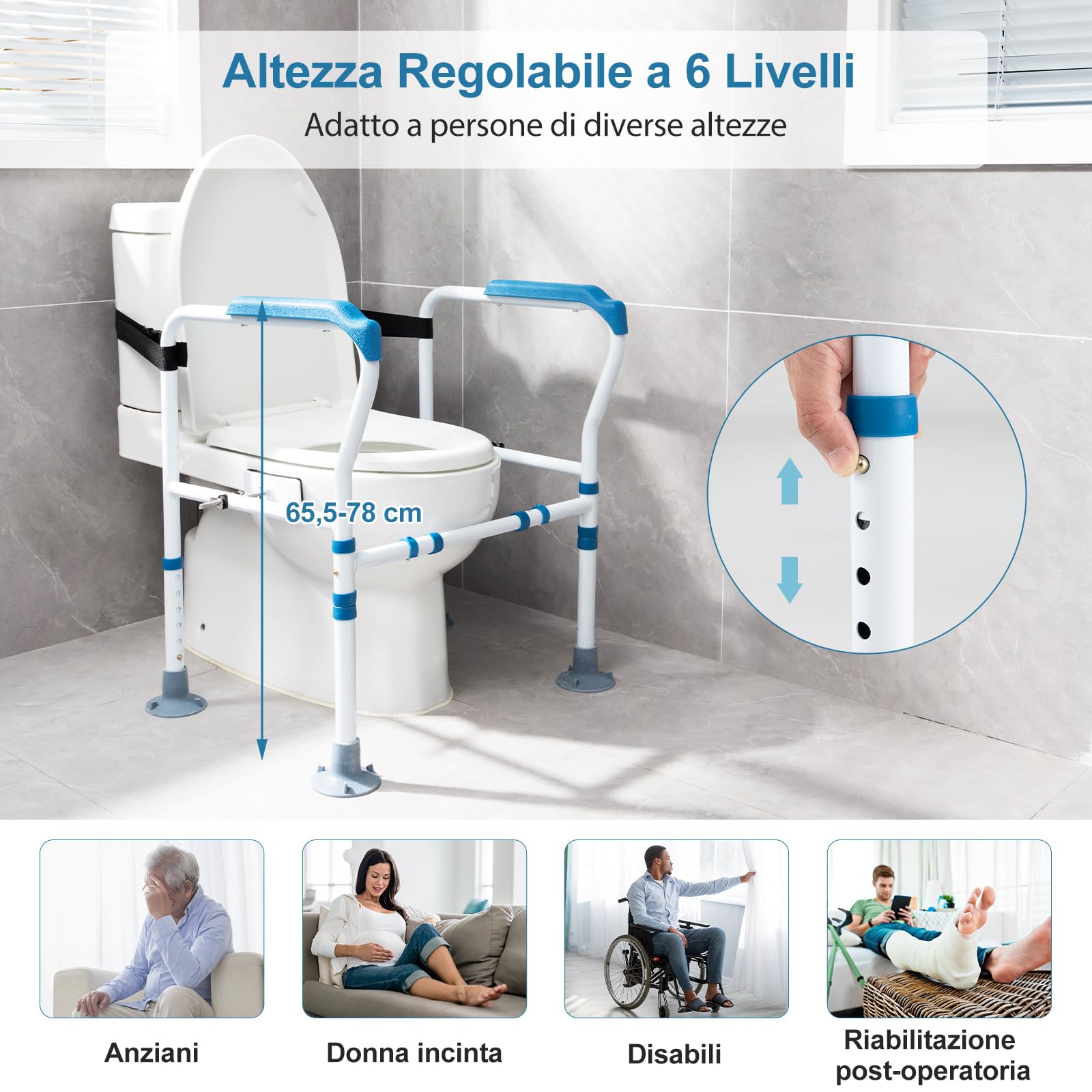 GYMAX Maniglia per WC, Supporto per Alzarsi, Altezza e Larghezza Regolabili, Ausilio per Anziani, Disabili