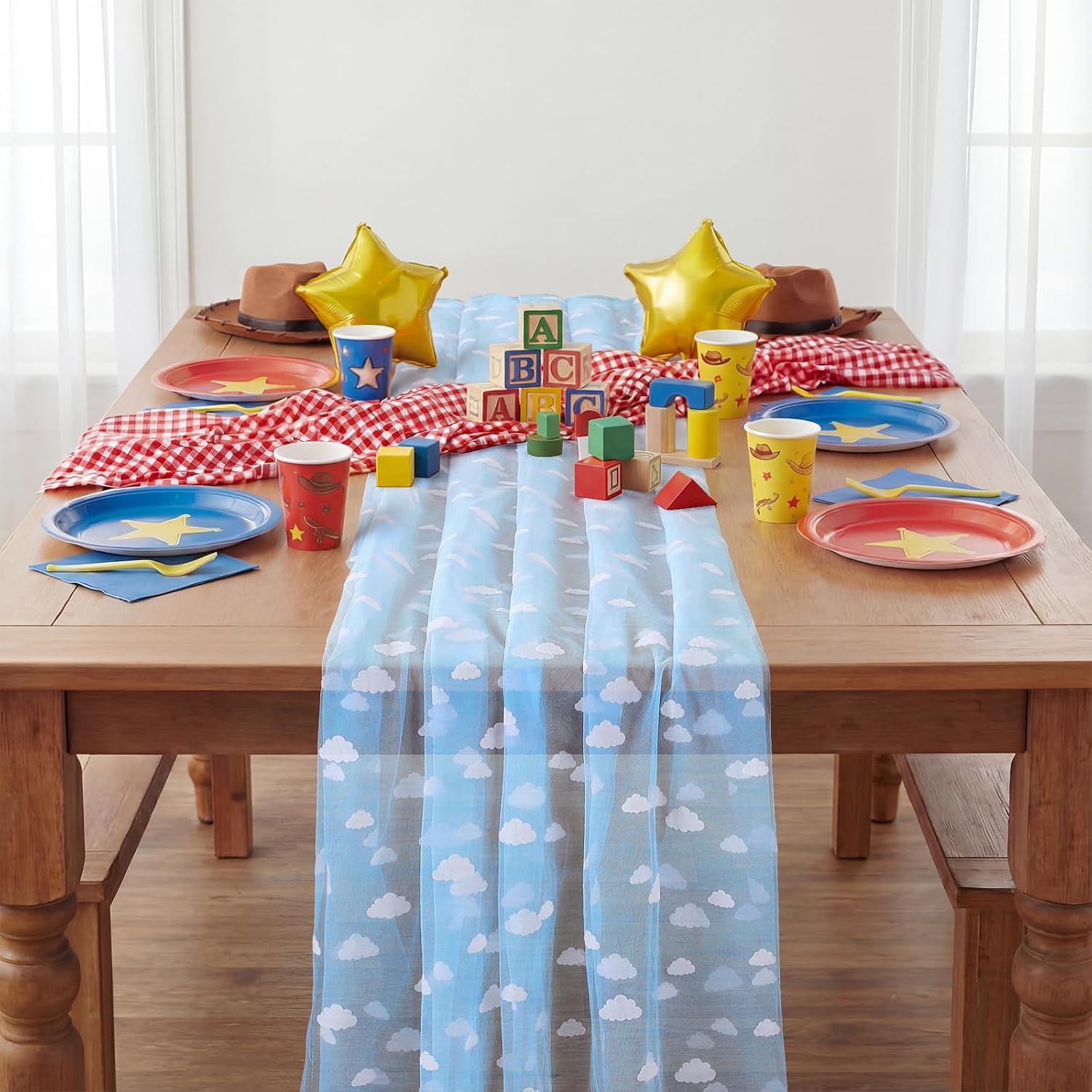 4 Pcs Blue White Cloud Table Runner 29x70 Inch Tulle Flocking