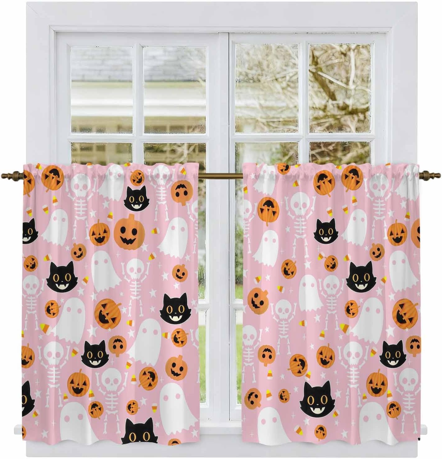 Halloween Pink Kitchen Tier Curtains 45 Inch Long 2 Panel Set,Rod Pocket Short Window Treatment,Black White Ghost Orange Skull Pumpkin Curtains & Drapes for Bathroom Basement 27.5"W x 45"L