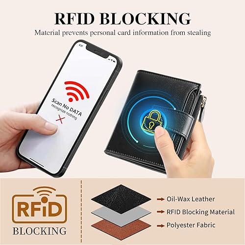 Miniatura 4 de GOIACII - Cartera pequeña para mujer con bloqueo RFID, piel auténtica, bolsillo con cremallera para monedas y ventana para identificación, Negro, S