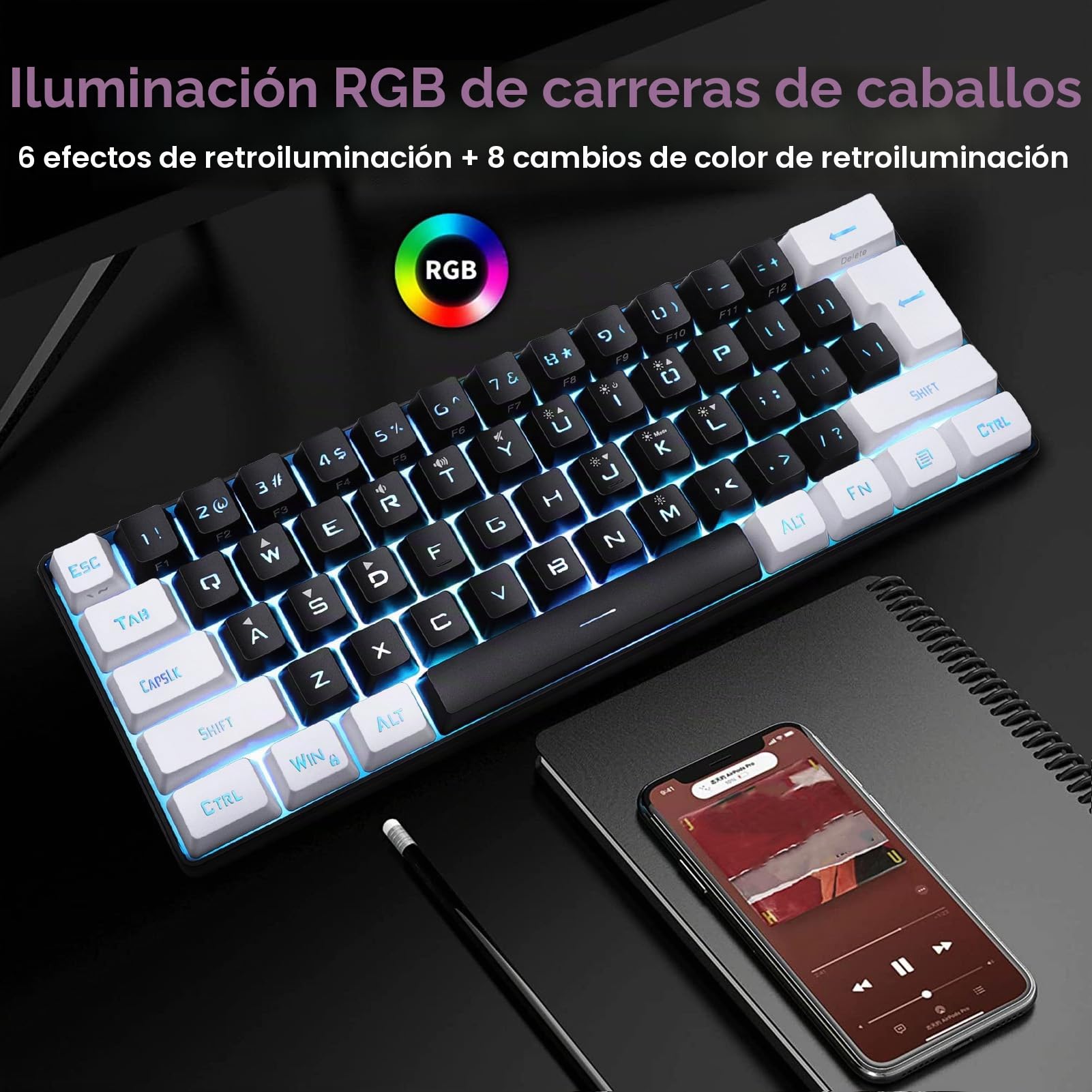 Bewinner 60% Mini Teclado RGB, 61 Teclas con Retroiluminación LED, Sensación Mecánica Ergonómica, Teclado para Juegos por Cable para Juegos de Oficina y Negocios (Negro)
