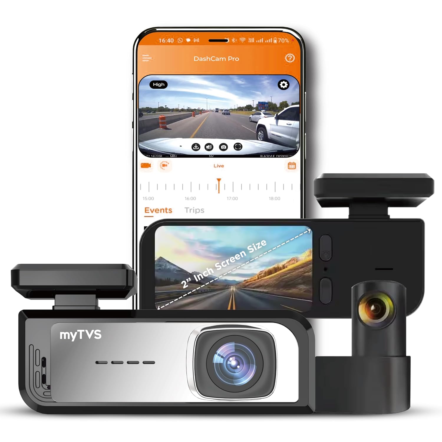 myTVS Dual Channel Front & Rear Car Dashcam with 2″ inbuilt Screen Wi-Fi Enabled | 2K Resolution with Wide Angle View | Live View & Loop Recording | 512 GB Supported | Easy Set Up | 1 Year Warranty