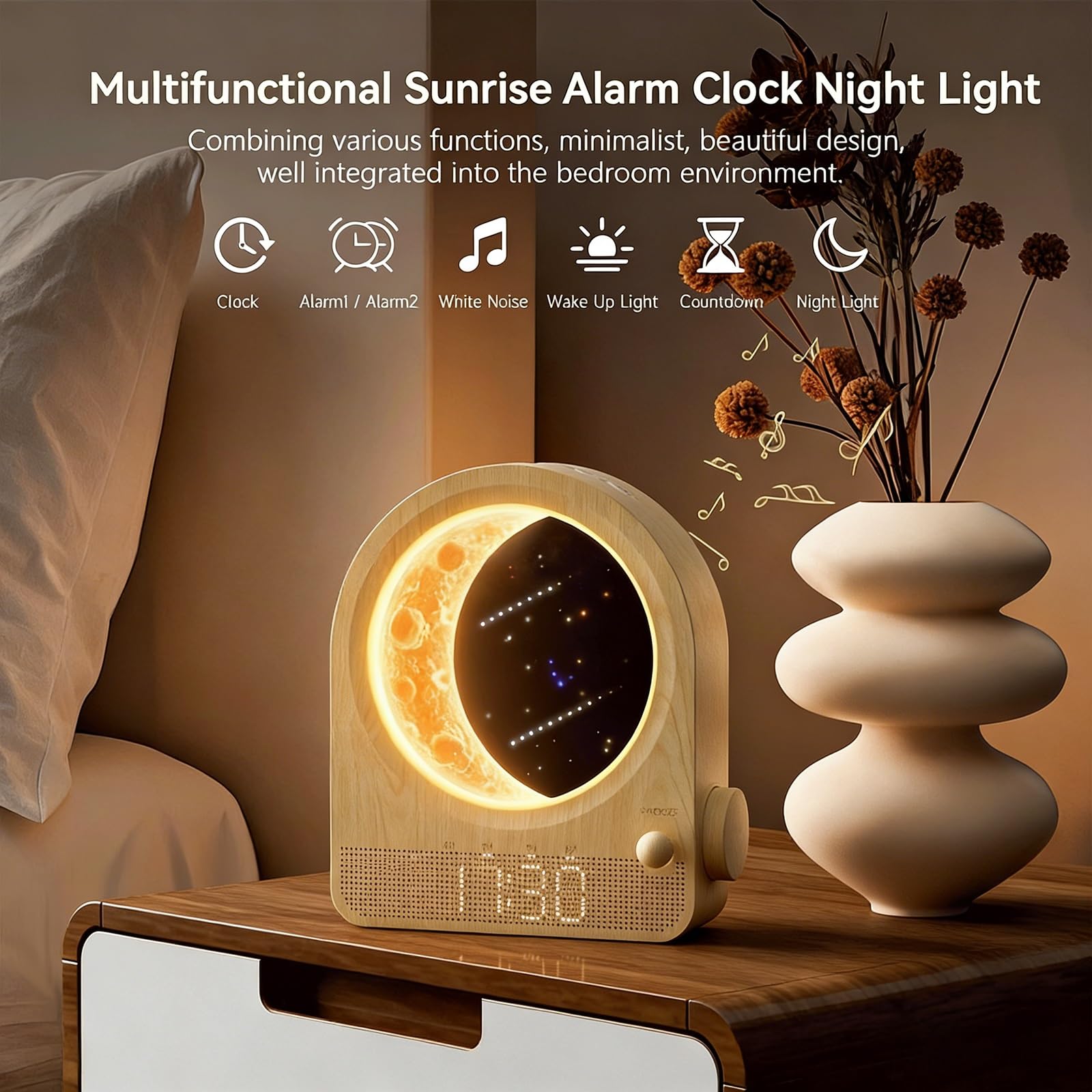 Despertador con Luz De Amanecer, Simulación Suave Del Amanecer y Atenuación Del Atardecer, 8 Sonidos Naturales De Ruido Blanco, Función De Repetición para Relajarse(Wood grain)