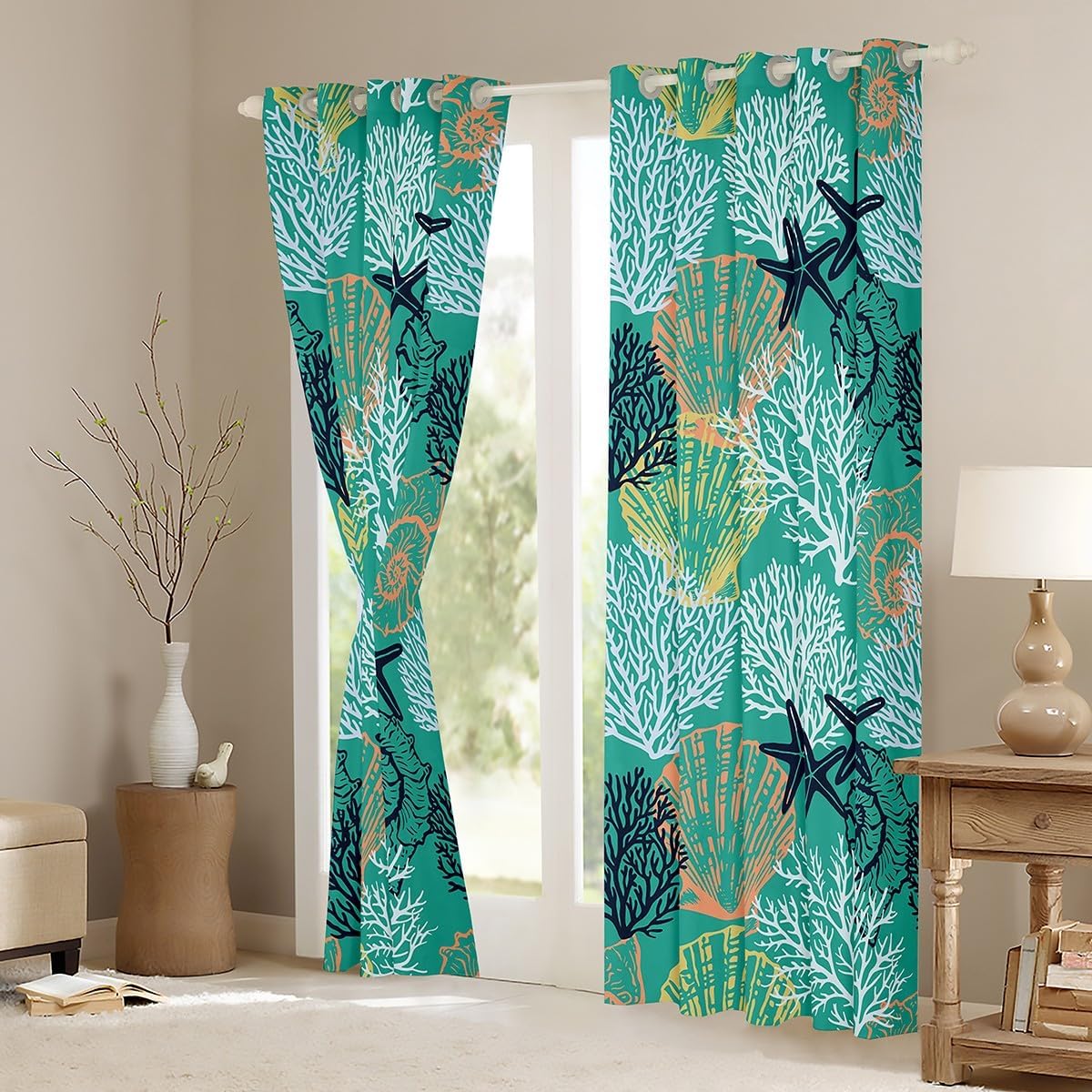 Summer Beach Kids Window Curtains,Starfish Coral Conch Shell Lake House Cabin Girls Boys Window Drapes,Hawaii Ocean Marine Life Sea Blue Window Treatments Grommet Top 2 Panel Set,38Wx45L inch