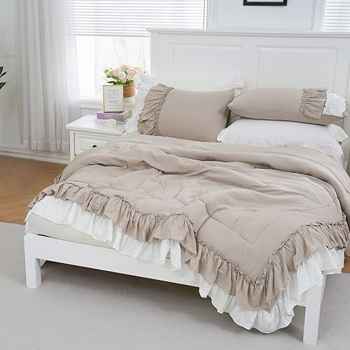 Miniatura 6 de Shabby Chic - Juego de ropa de cama bohemio, tamaño King, con volantes, decoración del hogar, microfibra ultra suave, color gris pardo, edredón de