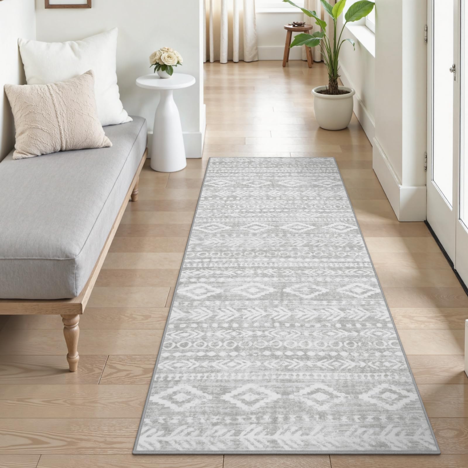 Lahome Farmhouse Grey Hallway Runner Rug, Low-Pile Washable 2x6 Laundry Room Rug Runners for Hallways Non Slip, Moroccan Tribal Print Indoor Floor Carpet Runner 6ft for Bathroom Kitchen Varena