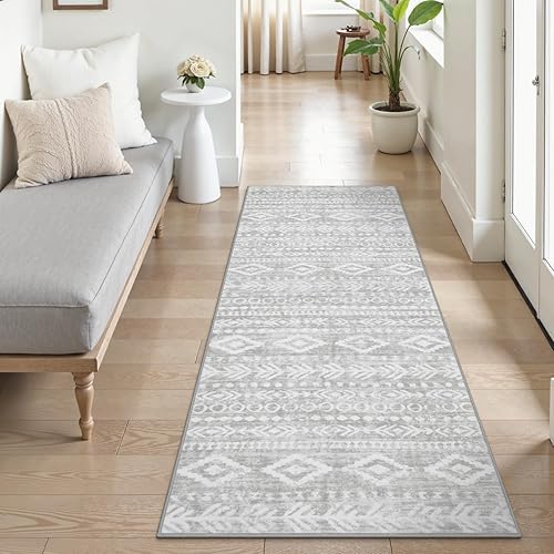 Lahome Alfombra marroquí lavable de 2 x 6 pies, color gris, bohemio, para cocina, pasillo, pasillo, antideslizante, de pelo bajo, suave, geométrica,