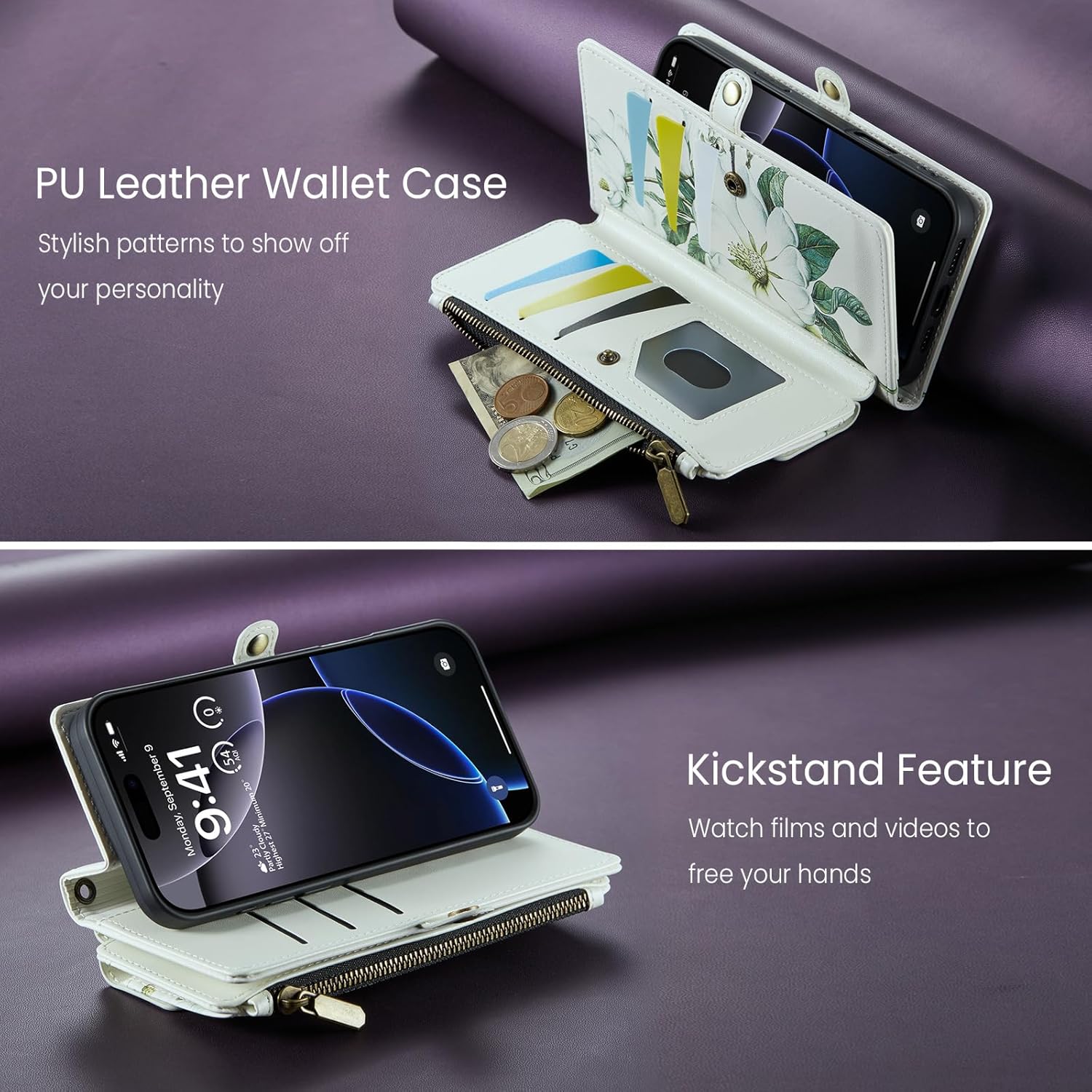 for iPhone 16 Pro Case Wallet with RFID Blocking Card Holder Colored Drawing PU Leather Magnetic Snap Flip Zipper Strap Wallet Phone Case Fit for iPhone 16 Pro,Magnolia