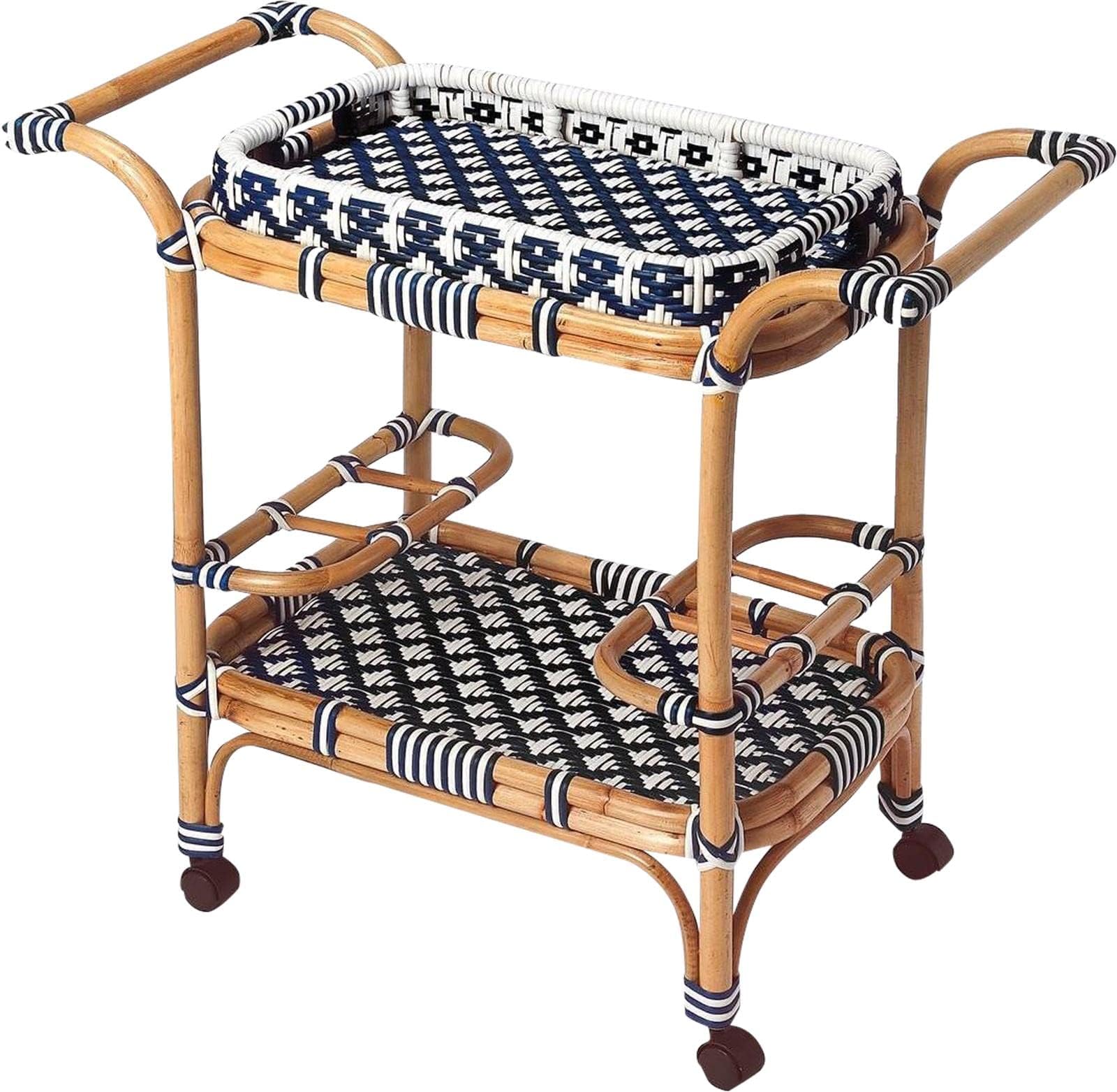 Butler Specialty Selena Rattan Bar Cart in Blue and White