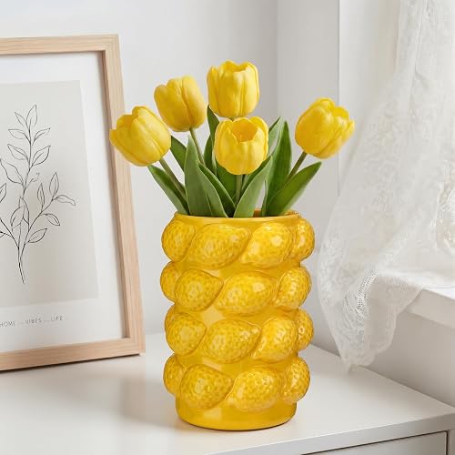 Hushee Lemon Ceramic Vase 7.09'' x 3.94'' Yellow Glazed 3D Lemon Design Fruit Shaped Vase for Table Centerpieces Living Room Kitchen Home Decor Spring Summer Decorations Housewarming Gift