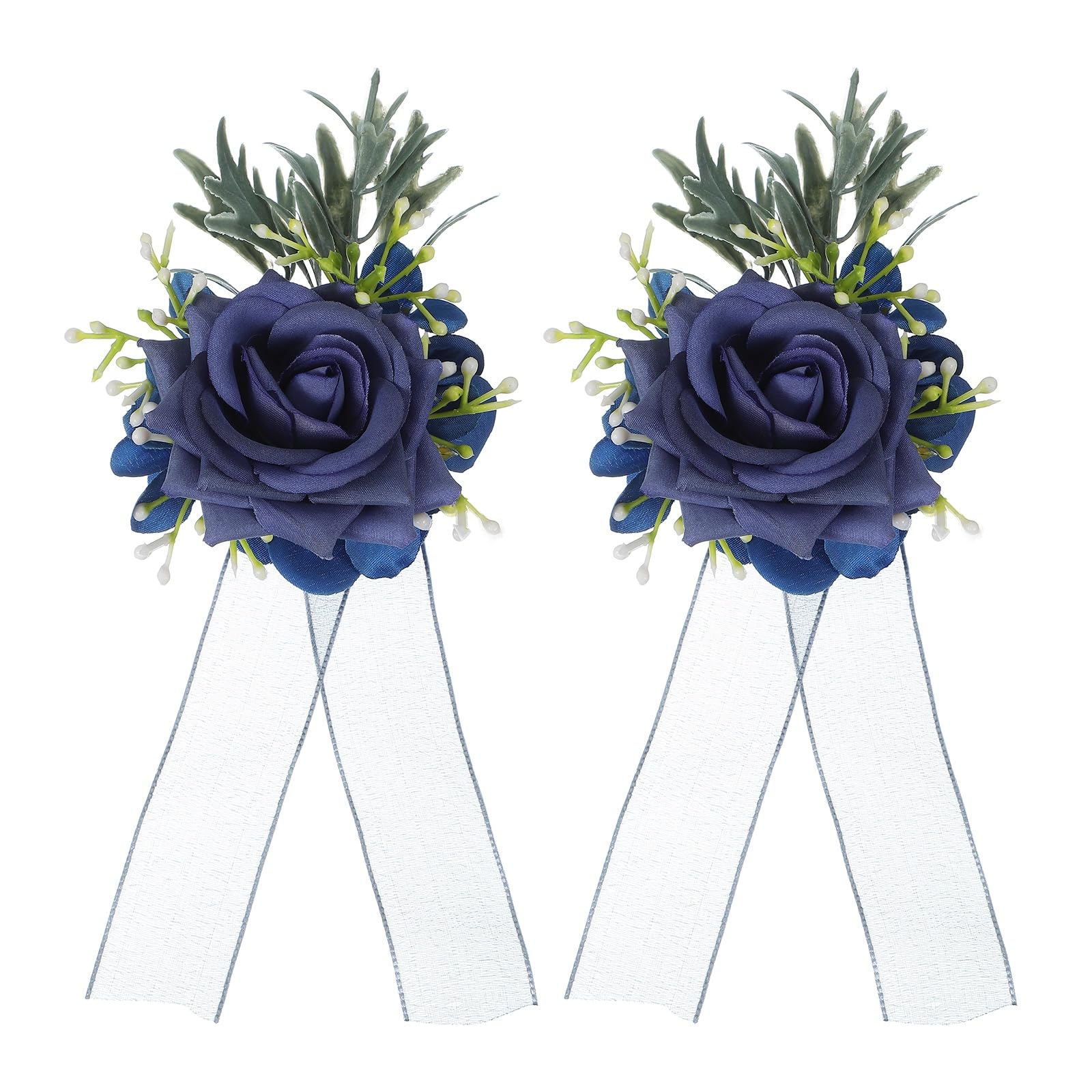 sourcing map 2 Pcs Blue Flower Wrist Corsage Bracelets, Artificial Flowers Corsage Wristlet for Wedding Bride Groom Ceremony Anniversary Prom Party