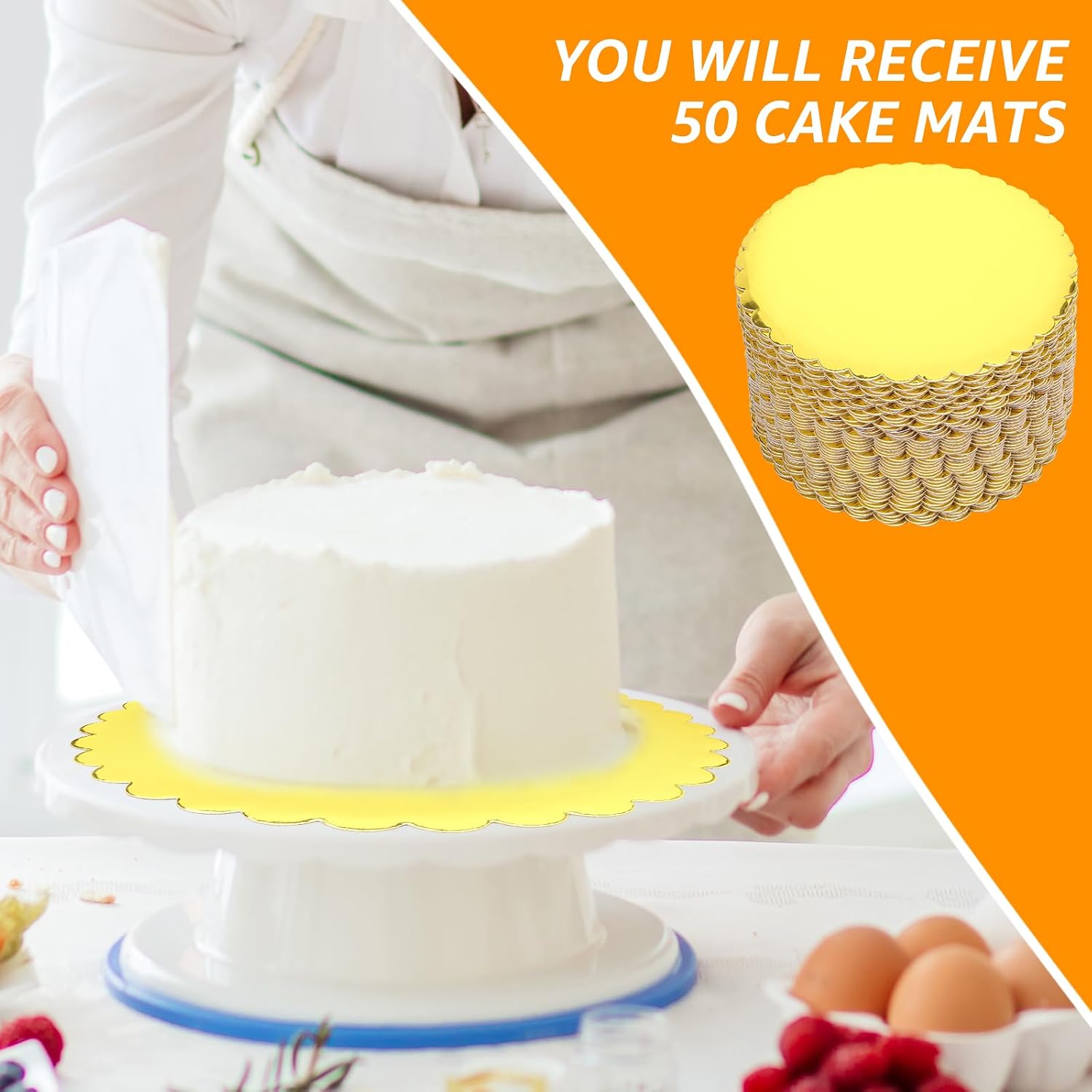 10" Golden Cake Boards Round, 50 Pack Circles Rounds Base Cake Stands Pastry Plates, Mousse Dessert Cupcake Displays Tray, Waterproof and Oil-Proof Cake Plate for Wedding, Parties (10 inch)