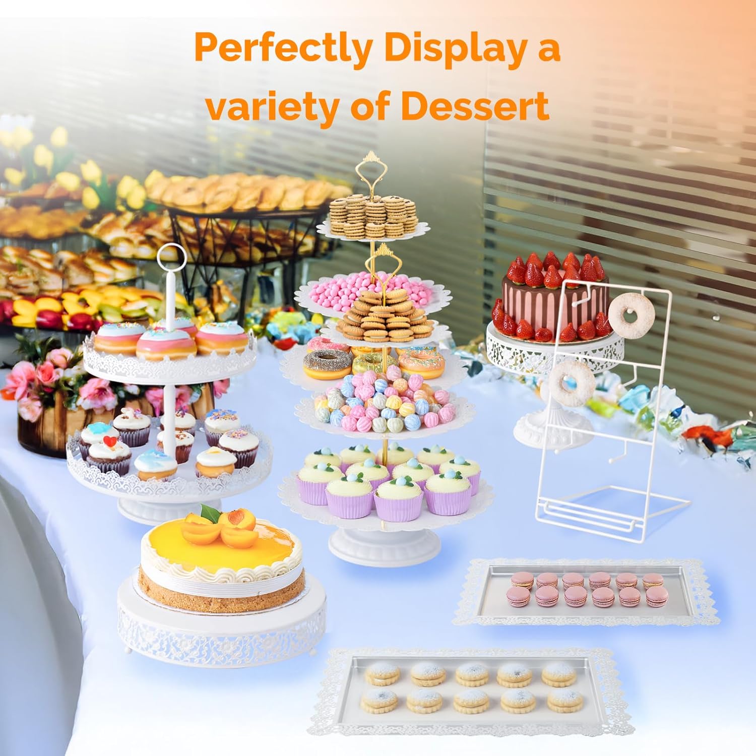 ROVSUN 12PCS Dessert Table Display Set, Metal Cake Stand Set with Donut Stand, Tiered Cupcake Holder Fruit Candy Plate with Cutting Knife Serving Tongs for Wedding, Birthday Party Baby Shower, White