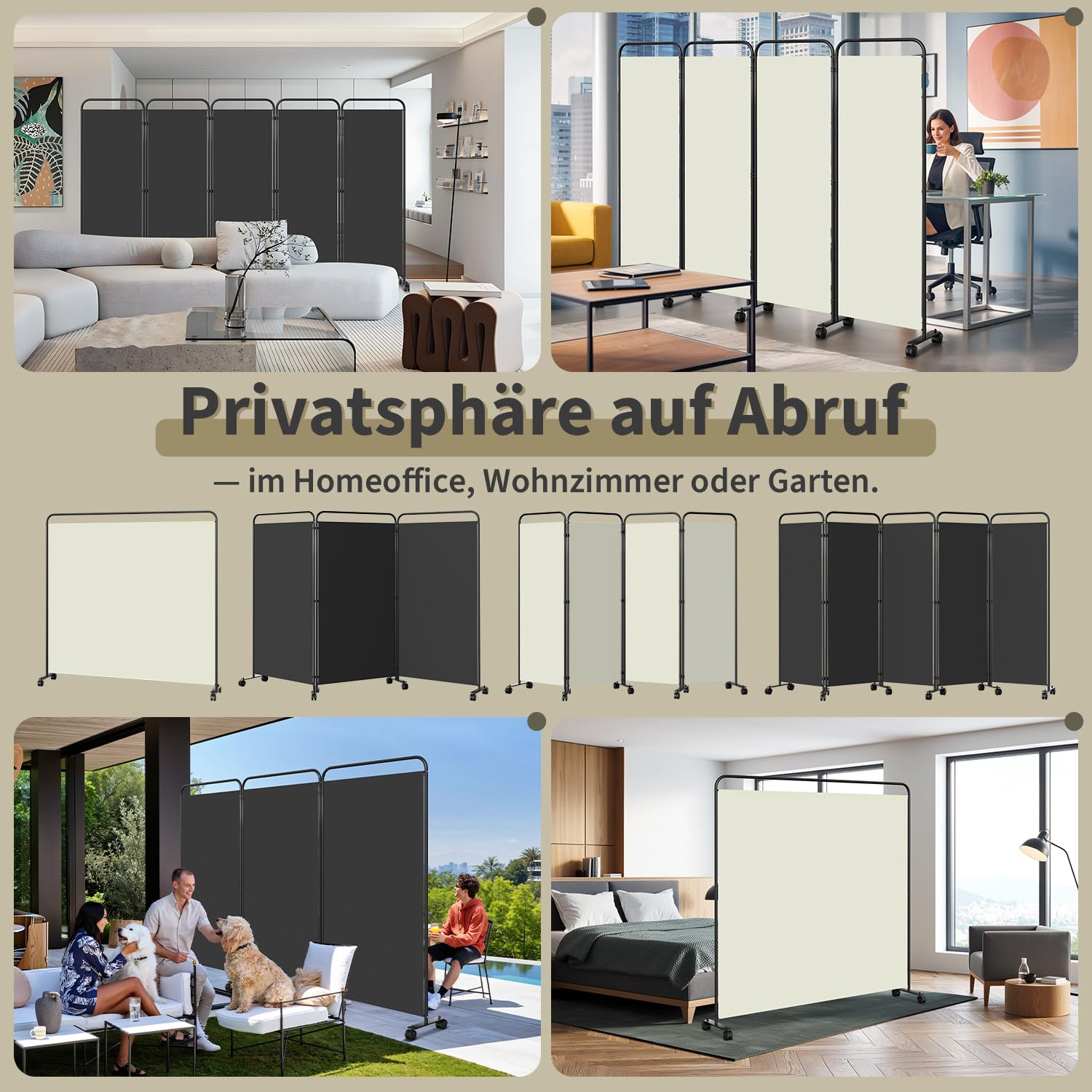 Paravento su ruote, pieghevole, 3 pezzi, divisorio su rotelle, per giardino, ufficio, terrazza, 263 x 180 x 30 cm, antracite
