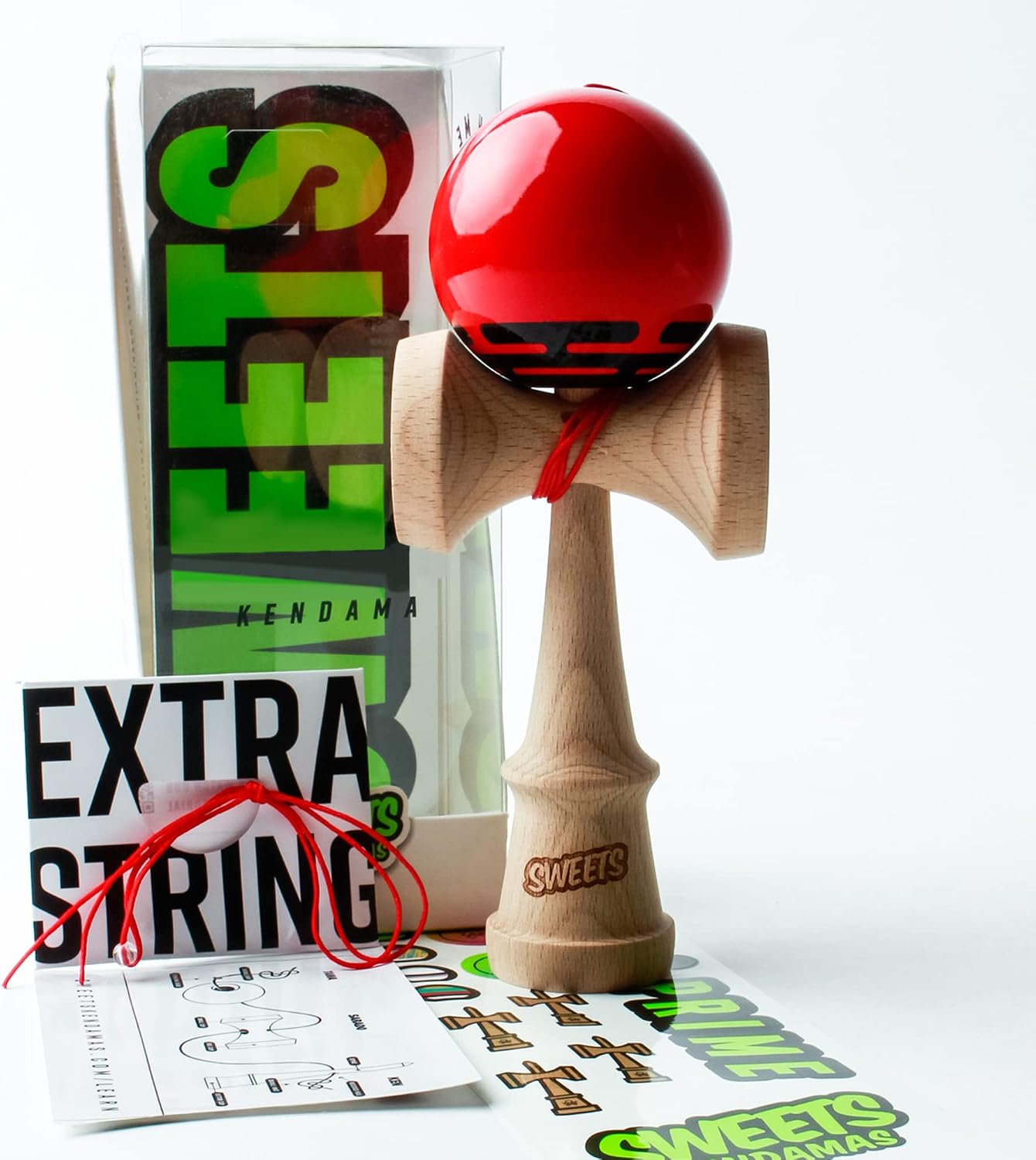Sweets Kendamas Radar Prime Kendama - Sticky Paint, Perfect for Beginners, Extra String Accessory Gift Bundle (Red)