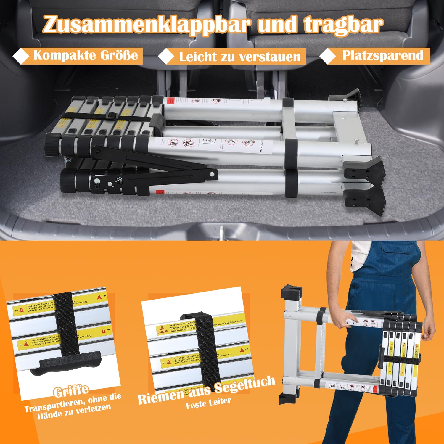Eulenke Scala telescopica 2 m + 2, 3 m, scala alluminio 6 + 7 gradini A, scala retrattile con barra di bilanciamento portata 150 kg, scala pieghevole, scala allungabile argento