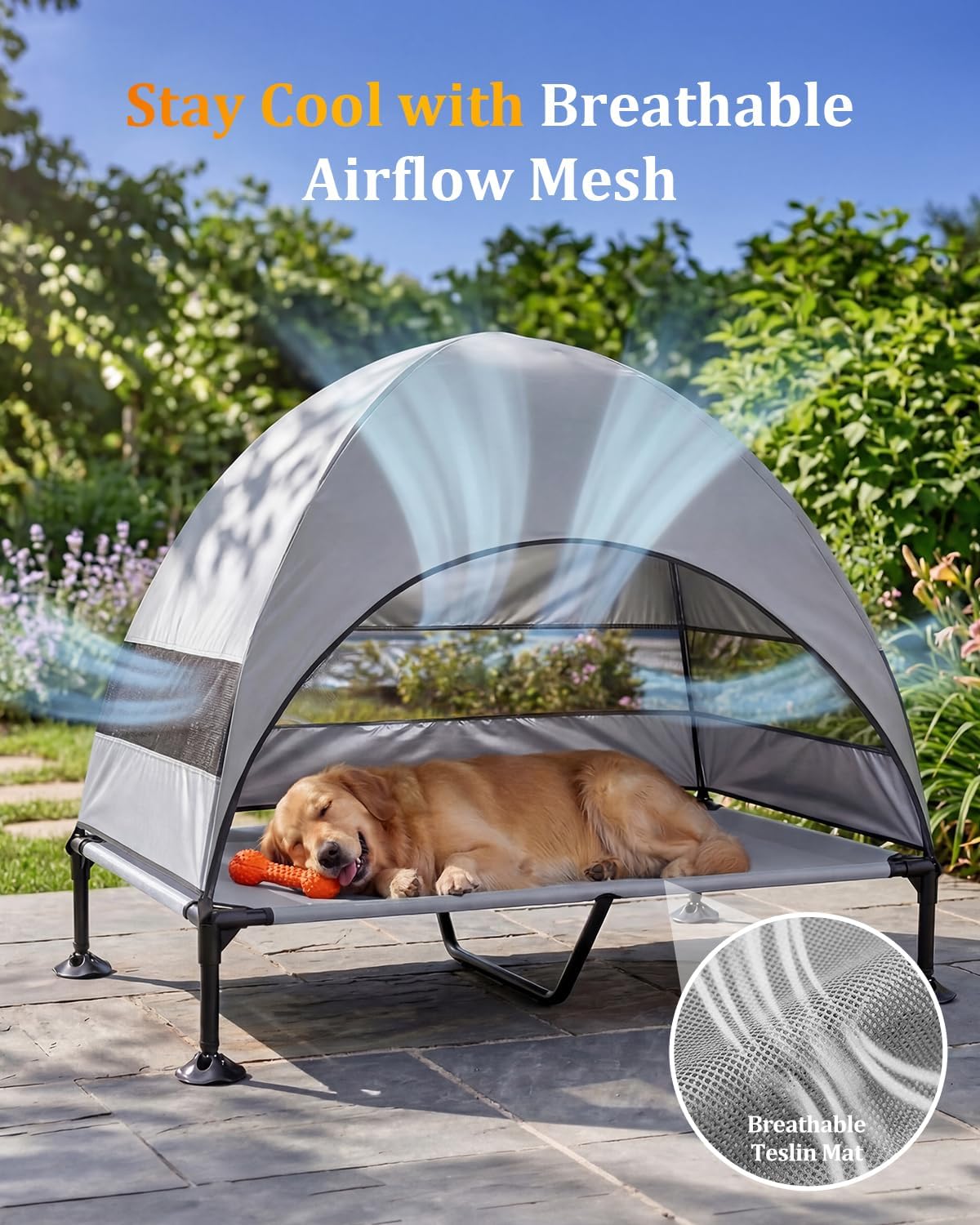Elevated Outdoor Dog Bed with Canopy, Raised Dog Cot with Stable Adjustable Feet, Dog Camping Bed with Larger Shade, Lifted Dog Tent Bed with Canopy for Outside