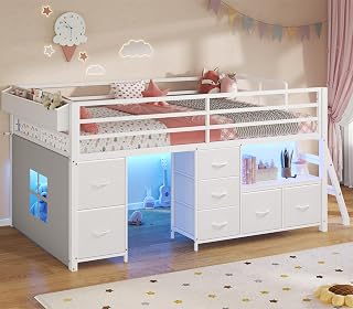 ADORNEVE Twin Low Loft Bed with 7 Storage Drawers, Bookcase, LED Lights & Play Curtain - Safe Metal Kids Bed, White