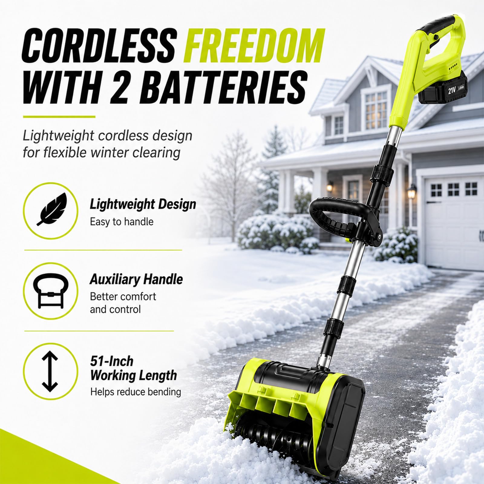 Łopata do Śniegu Brushless, 21 V, 25 cm, Zasięg Wyrzutu 8 m, ±30° | Odśnieżaj bez Kabla dzięki 2 Akumulatorom 3,0 Ah, Wyrzutowi aż do 8 m i Regulacji Kierunku na Podjazdach, Tarasach i Schodach