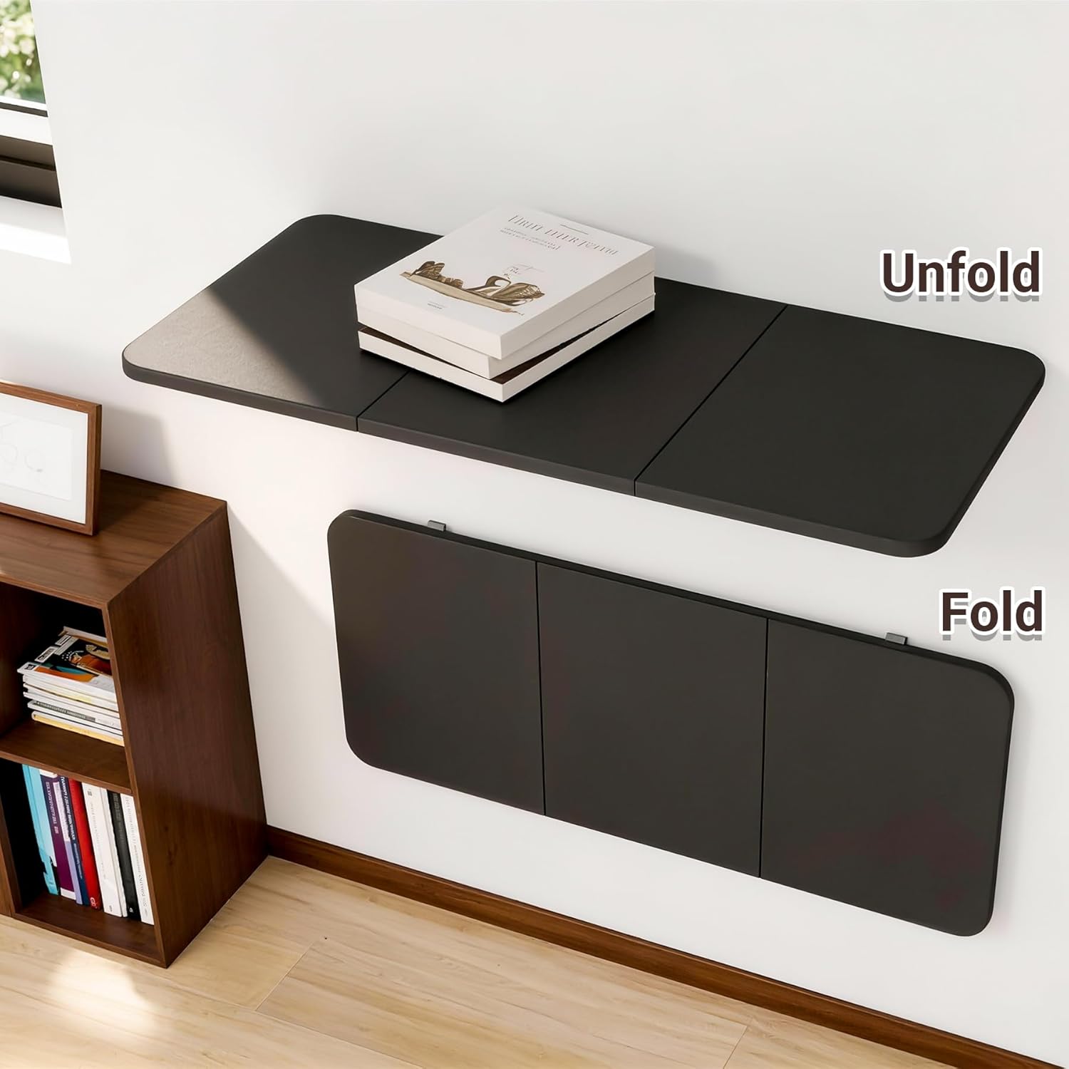 Wall Mounted Folding Desk 35.4” x 15.7”, Drop Down Table with Metal Collapsible Brackets, Folding Wall Table for Small Spaces, Home, Office, Kitchen, Laundry Room-Black