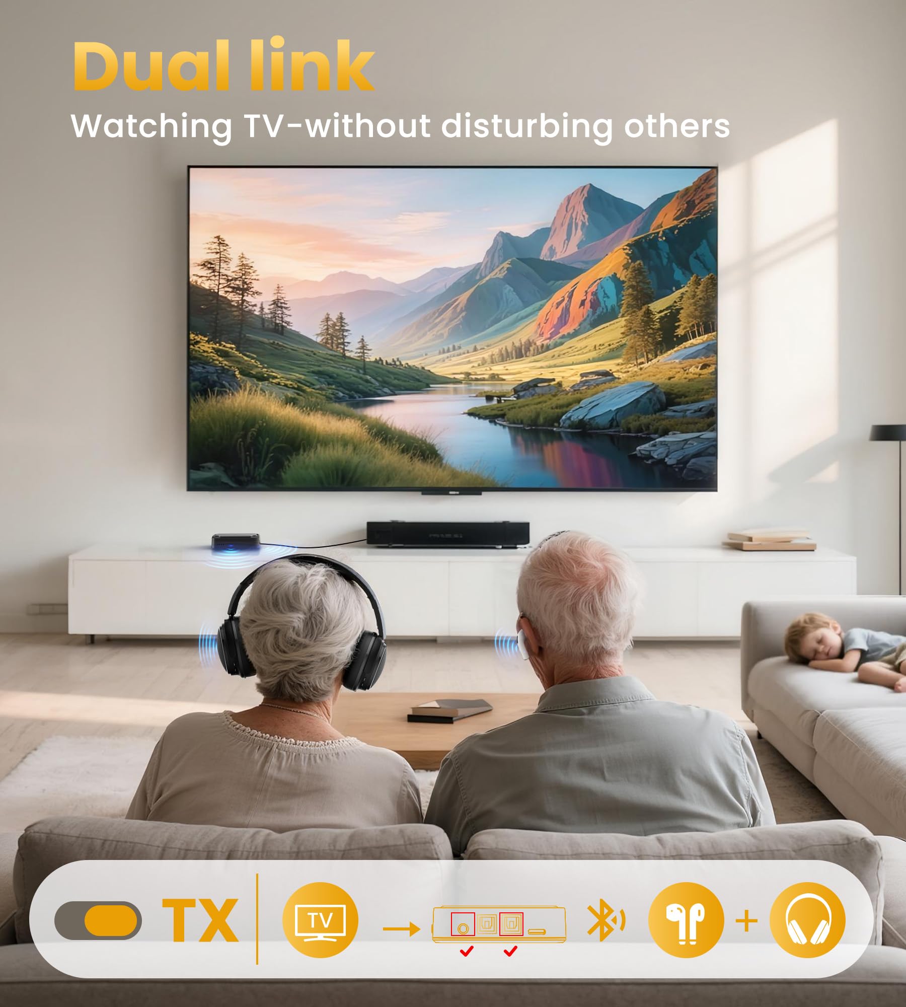 Wireless Headphones for TV Watching with Bluetooth Transmitter and Receiver for Optical Digital Audio, RCA, 3.5mm, 2 in 1 Bluetooth Headphones/Speakers for Dual Link, Gifts for Seniors, 50H Playtime 3