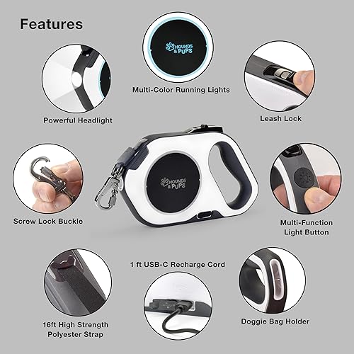 Miniatura 6 de Hounds & Pups - Correa retráctil para perro, 15 pies de longitud, luz LED para paseos nocturnos (morado)